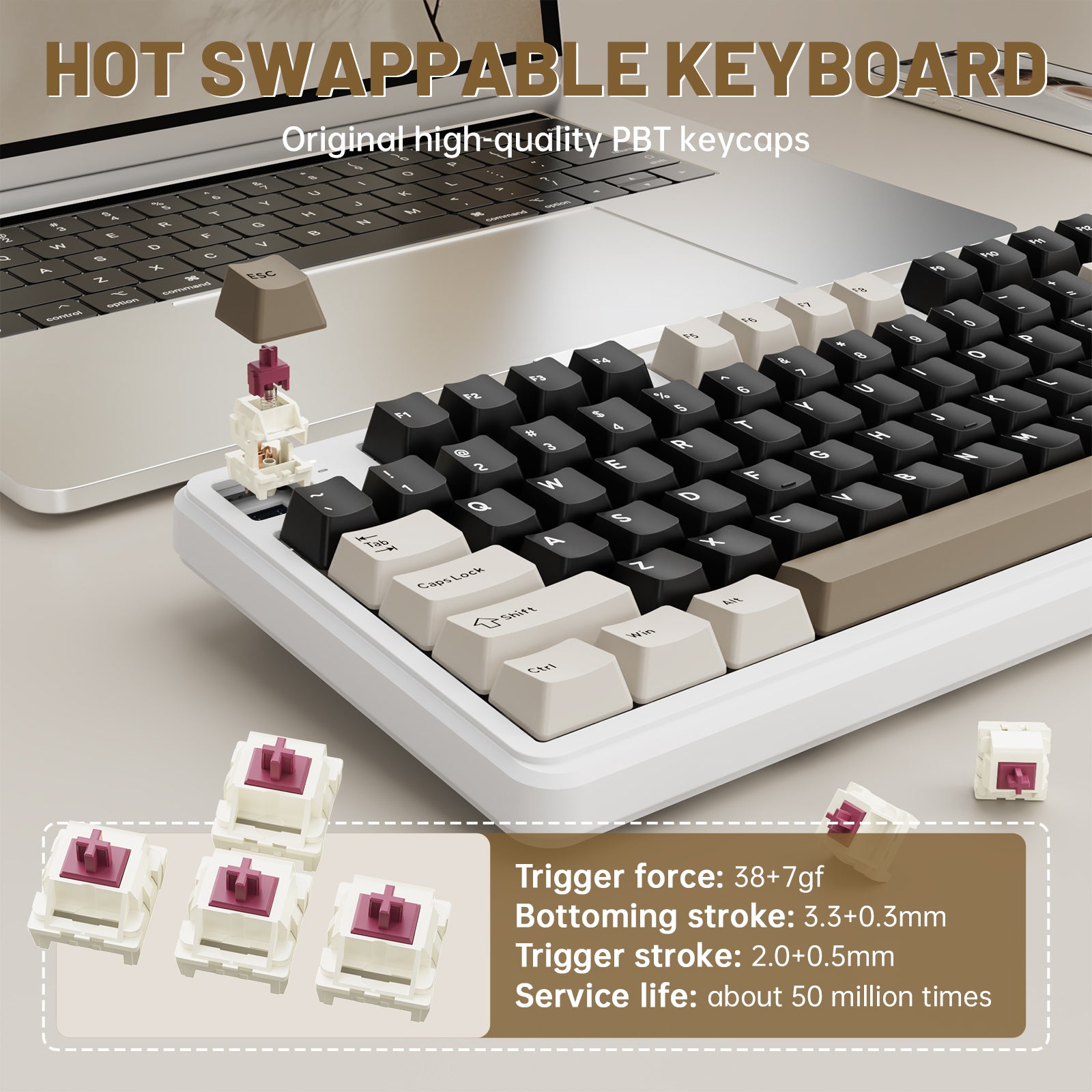 ATTACK SHARK X98PRO hot-swappable keyboard showing keycaps and switches, with detailed specs
