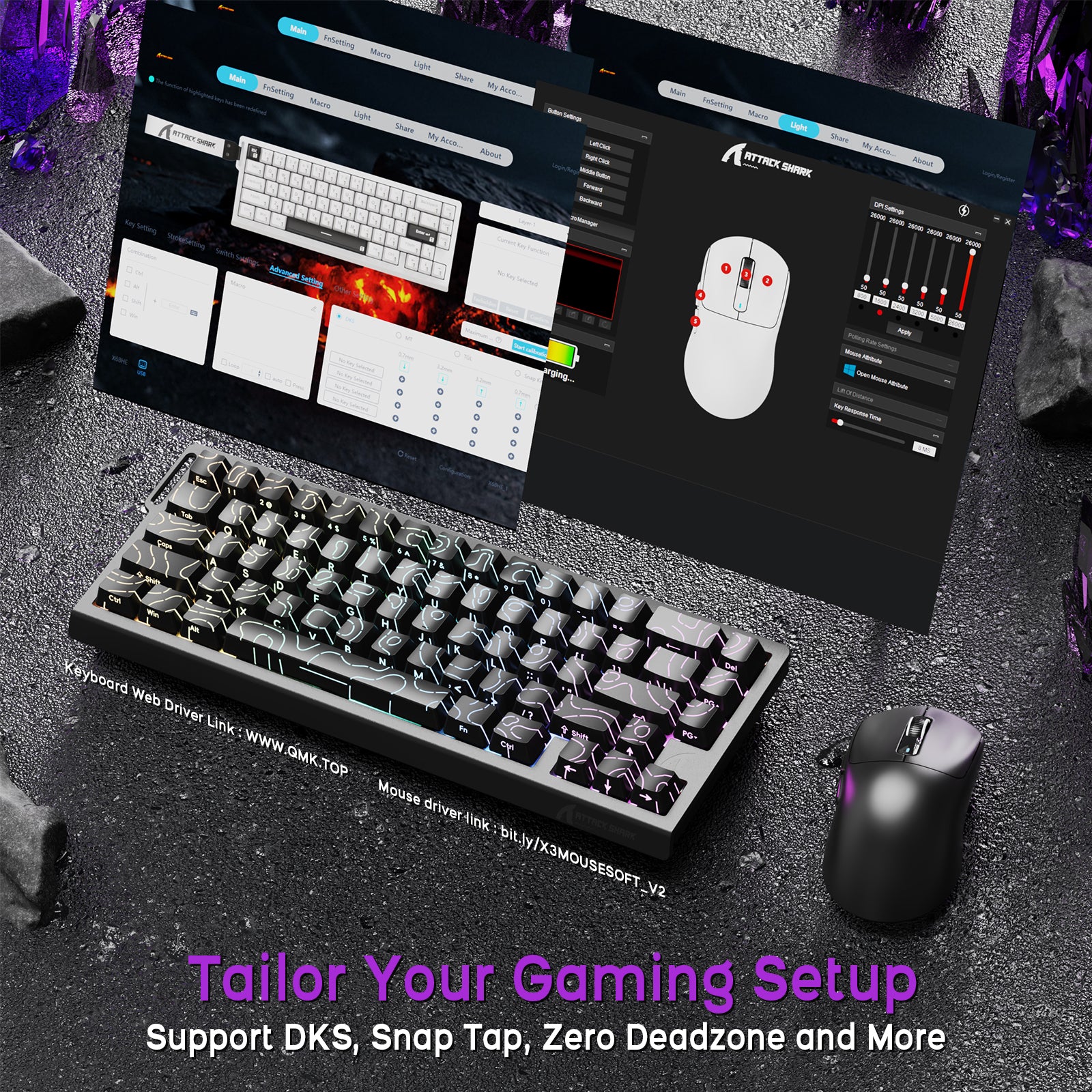 ATTACK SHARK X68HE keyboard & X3 mouse set. RGB, customization, & gaming features. DKS, Snap Tap, Zero Deadzone.