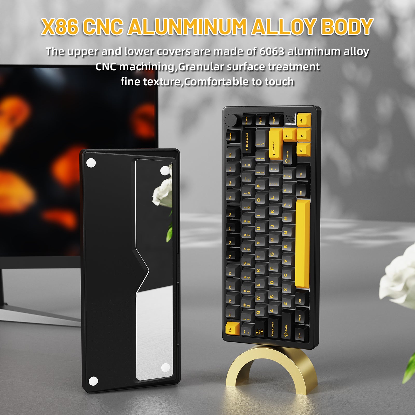 ATTACK SHARK X86 CNC aluminum keyboard, showcasing fine texture and comfortable touch, with yellow and black keycaps.