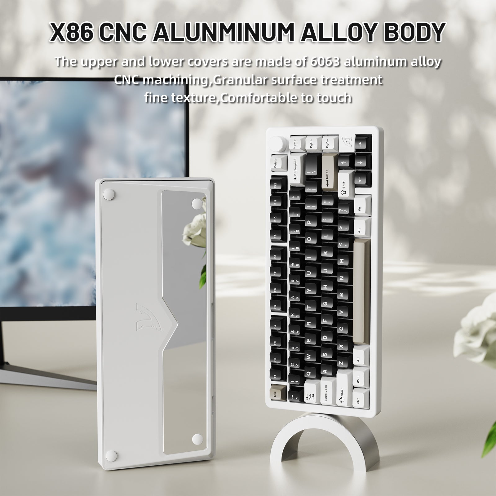 ATTACK SHARK X86 CNC aluminum keyboard, white keycaps, gray accents, and mirrored back, CNC machining, 6063 aluminum alloy.