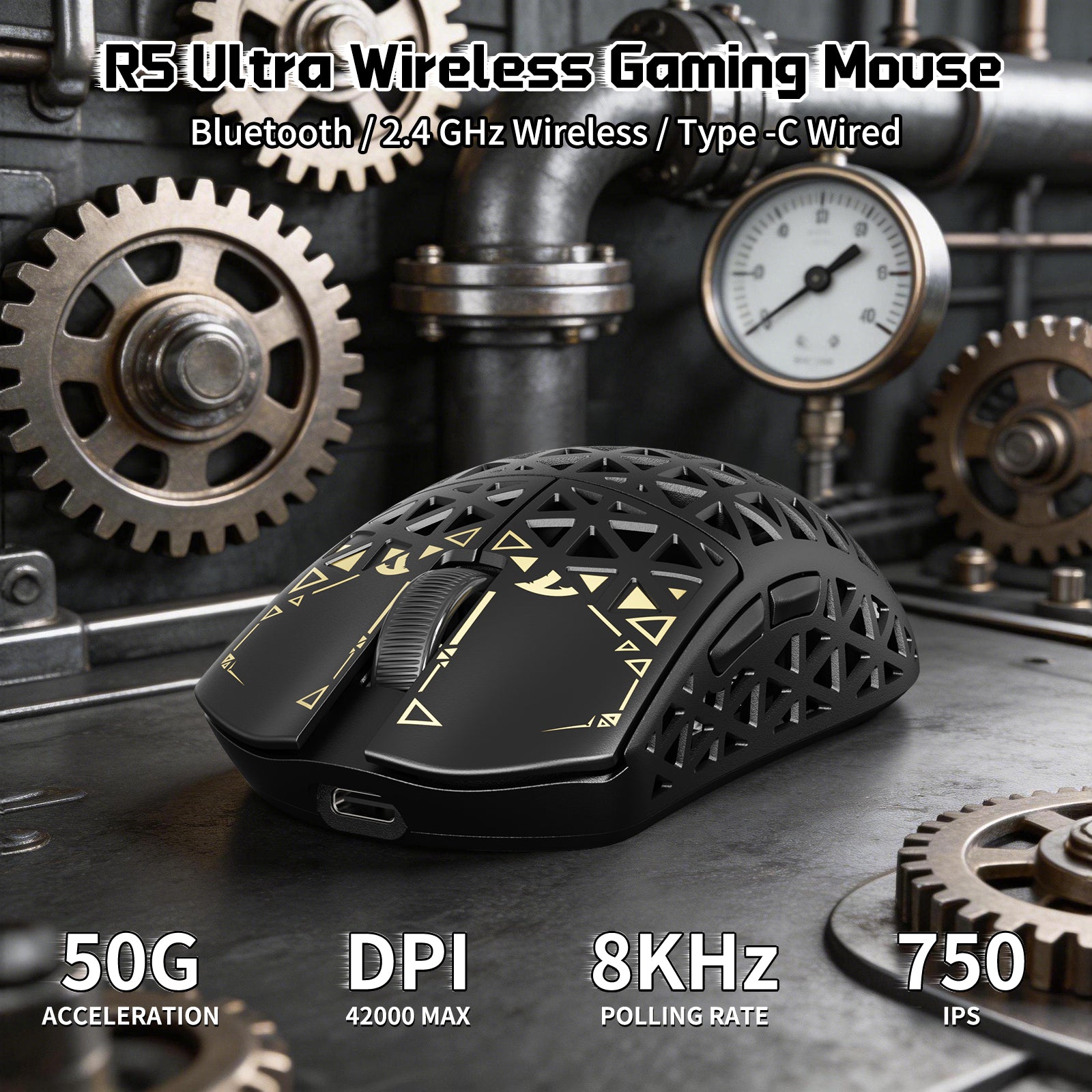 R5 Ultra wireless gaming mouse, black honeycomb shell, 8KHz polling rate, 42000 DPI, Type-C