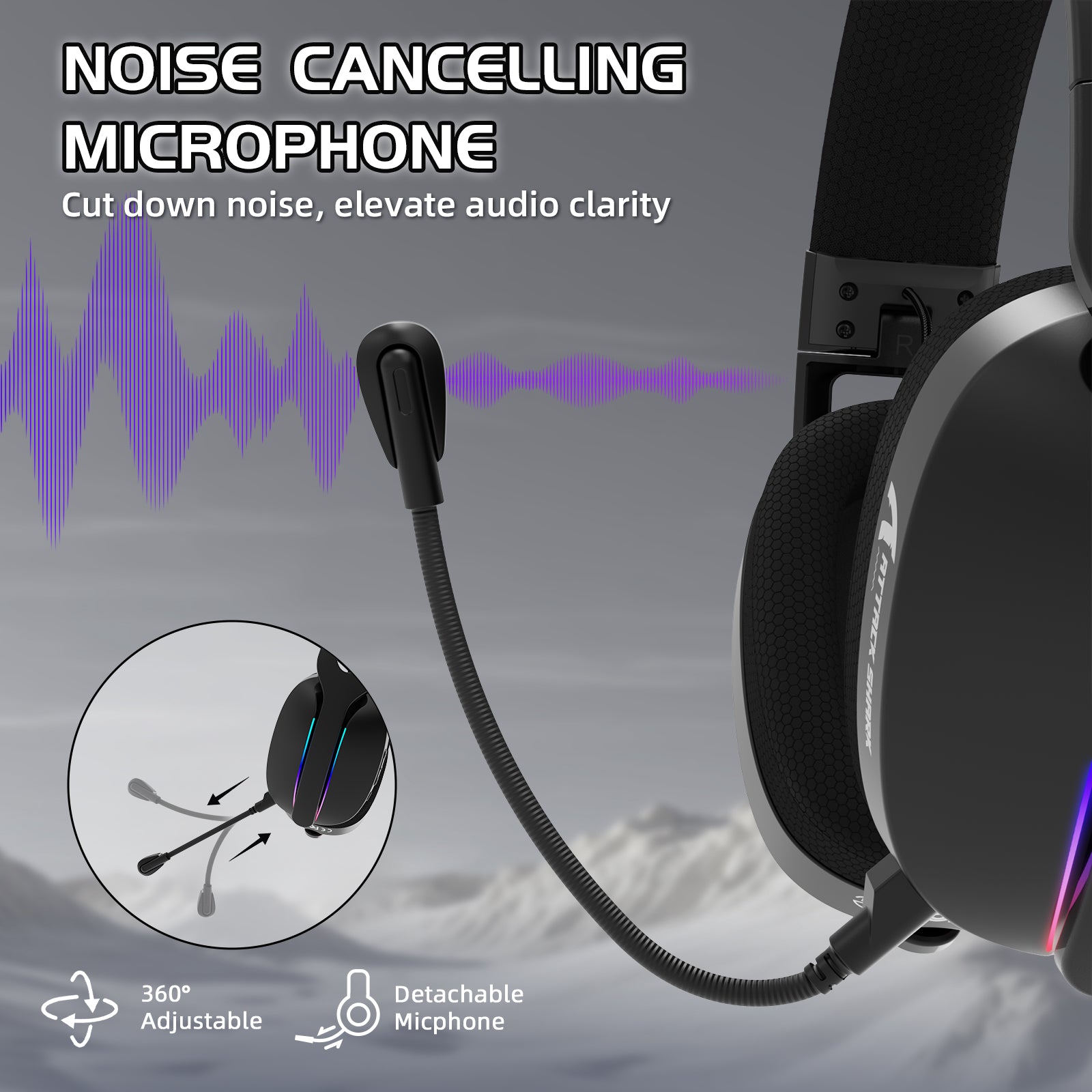 ATTACK SHARK L90 Gaming Headset with noise-canceling microphone, 360° adjustable and detachable mic, black design.