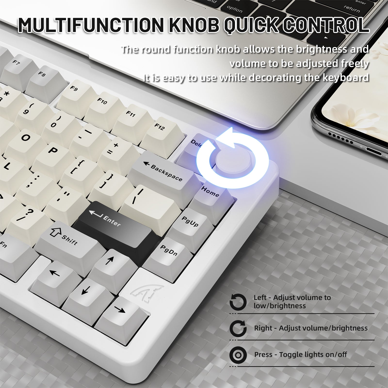 ATTACK SHARK X86 keyboard with multifunction knob for volume and lighting control, white body