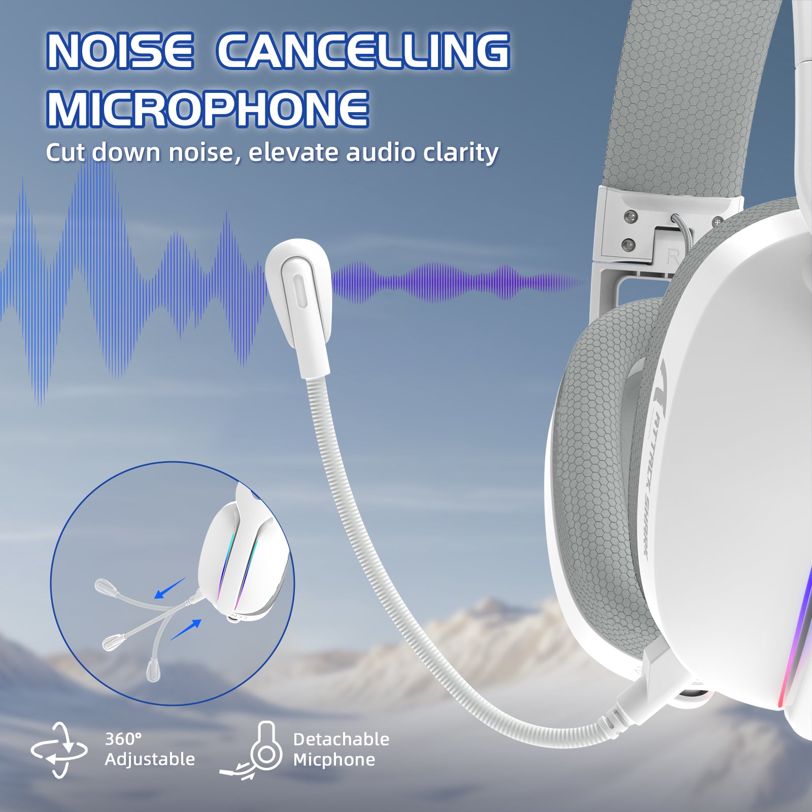 ATTACK SHARK L90 gaming headset with noise-canceling microphone, adjustable and detachable, white design
