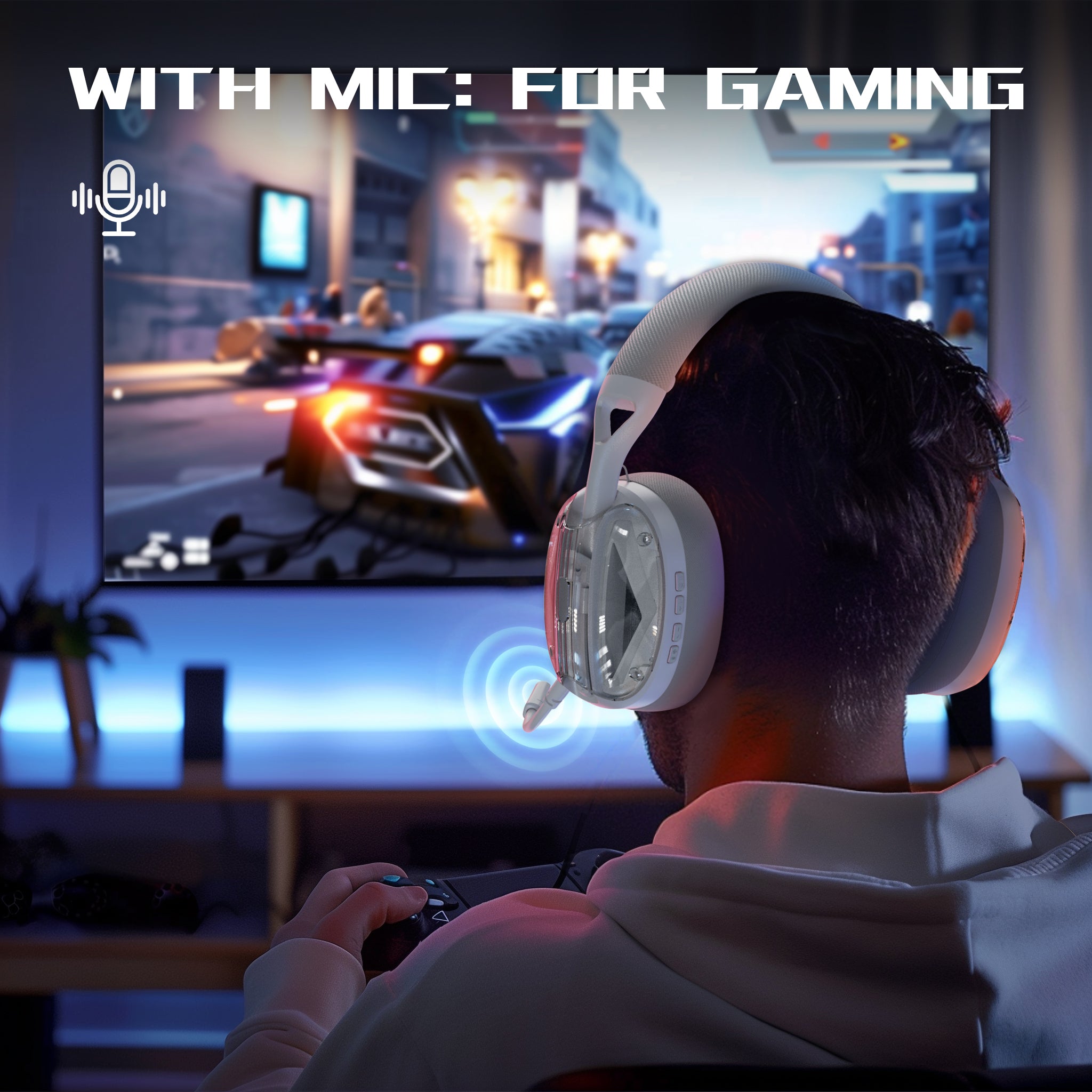 ATTACK SHARK L60 gaming headset with detachable mic, worn by a person playing a racing game on a screen.