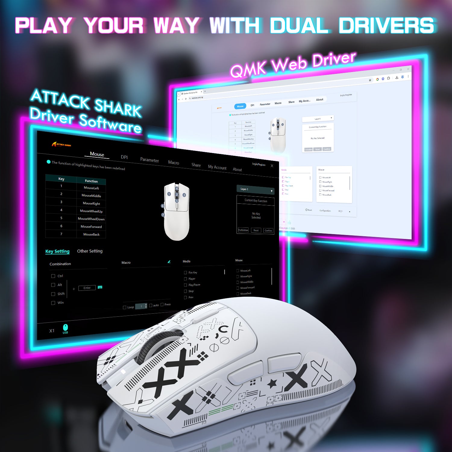 ATTACK SHARK X1 gaming mouse driver software interface, showing key settings and QMK web driver