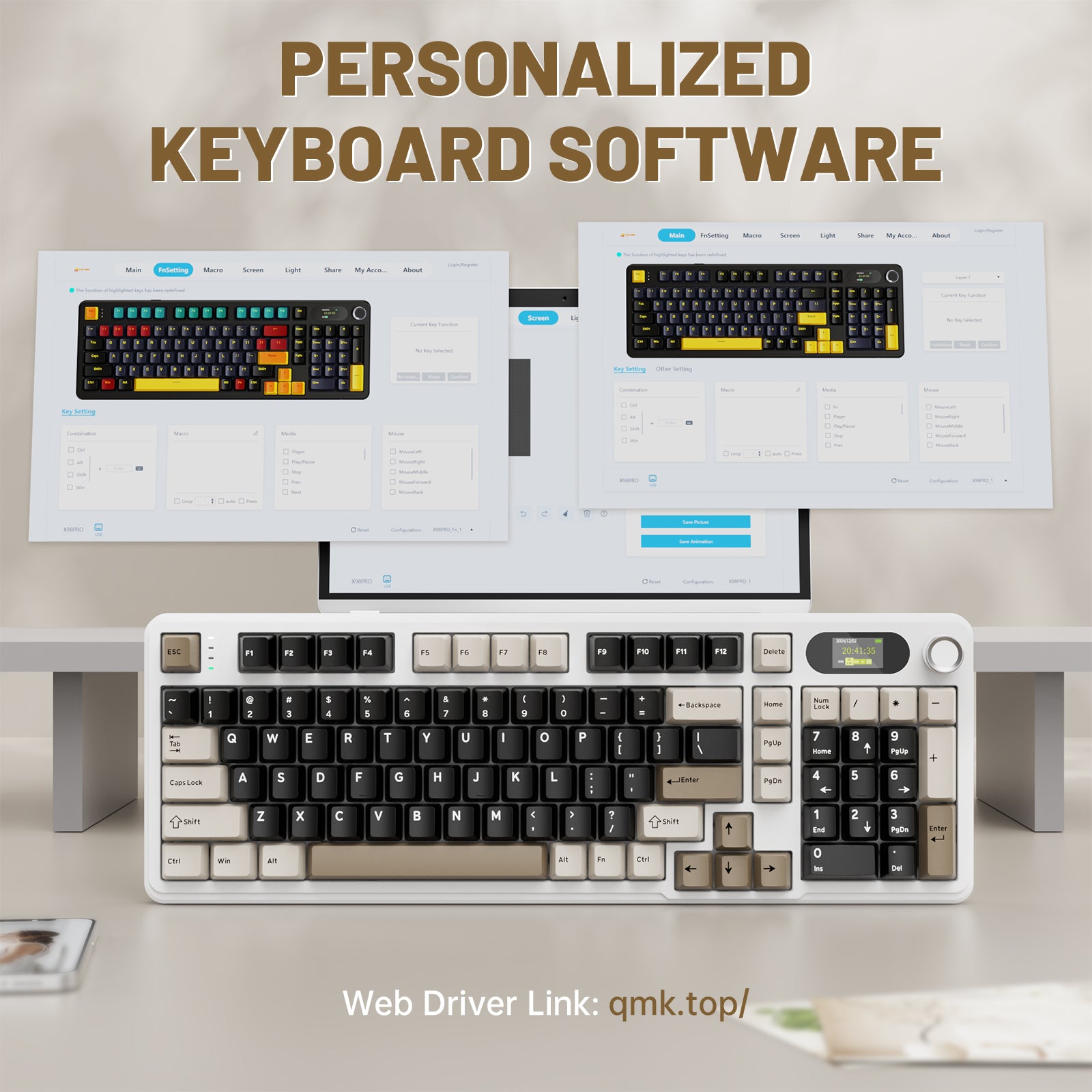 ATTACK SHARK X98PRO keyboard with software interface for customization, LED screen and knob