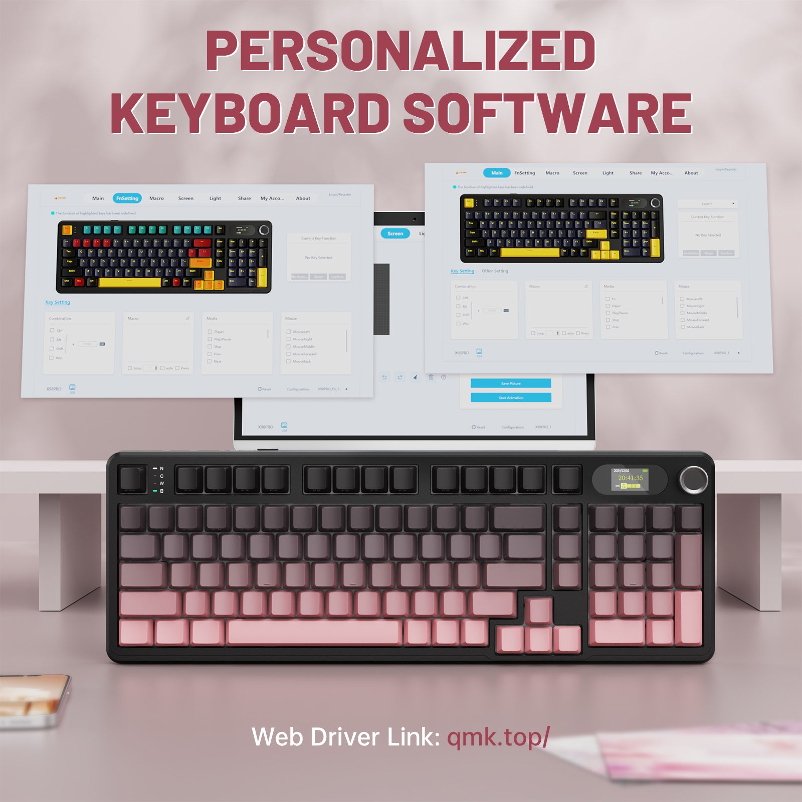 ATTACK SHARK X98PRO keyboard with personalized software interface, pink gradient keycaps, Web Driver Link: qmk.top/