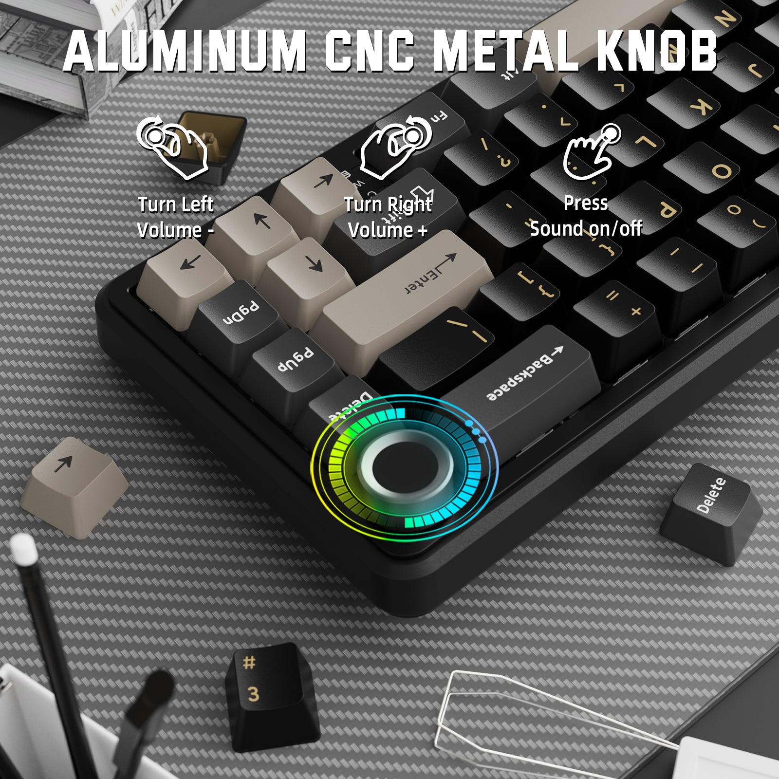 ATTACK SHARK X66 keyboard, aluminum CNC knob for volume control, side-printed keycaps. Volume and sound control.