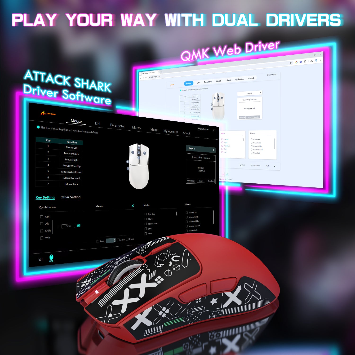ATTACK SHARK X1 gaming mouse with driver software interface, key customization and QMK web driver features.
