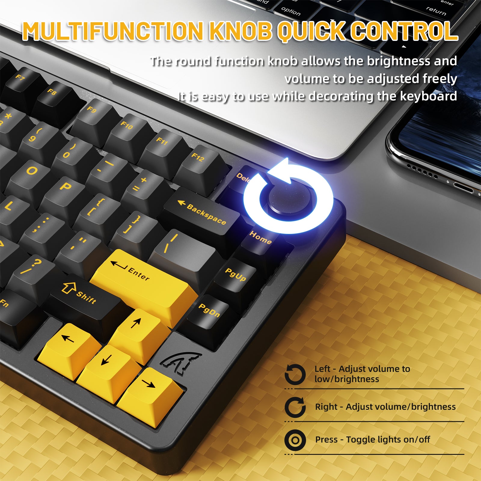 ATTACK SHARK X86 keyboard with multifunction knob for quick control, volume and lighting adjustment.