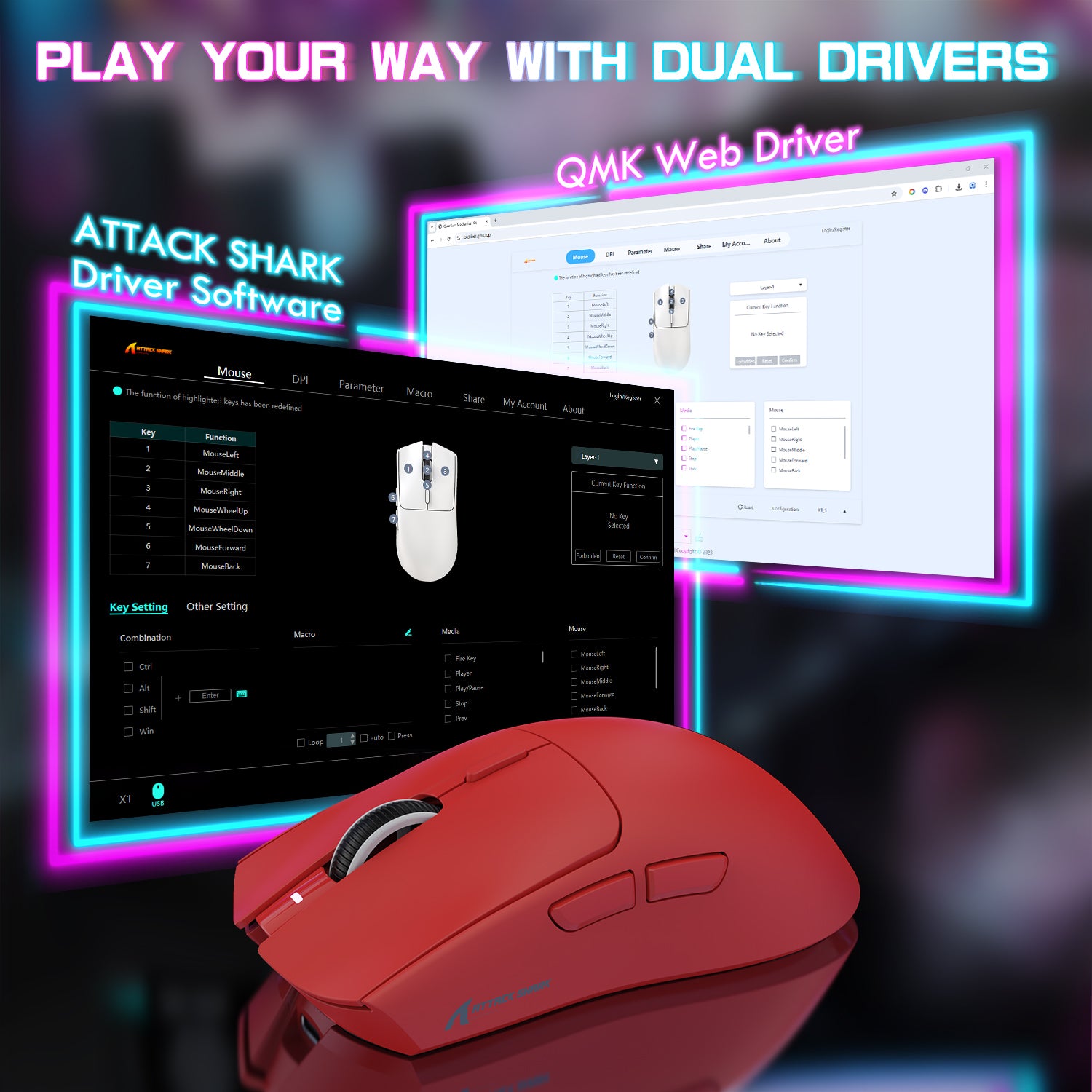 ATTACK SHARK X1 red gaming mouse driver software, QMK web driver, key settings customization
