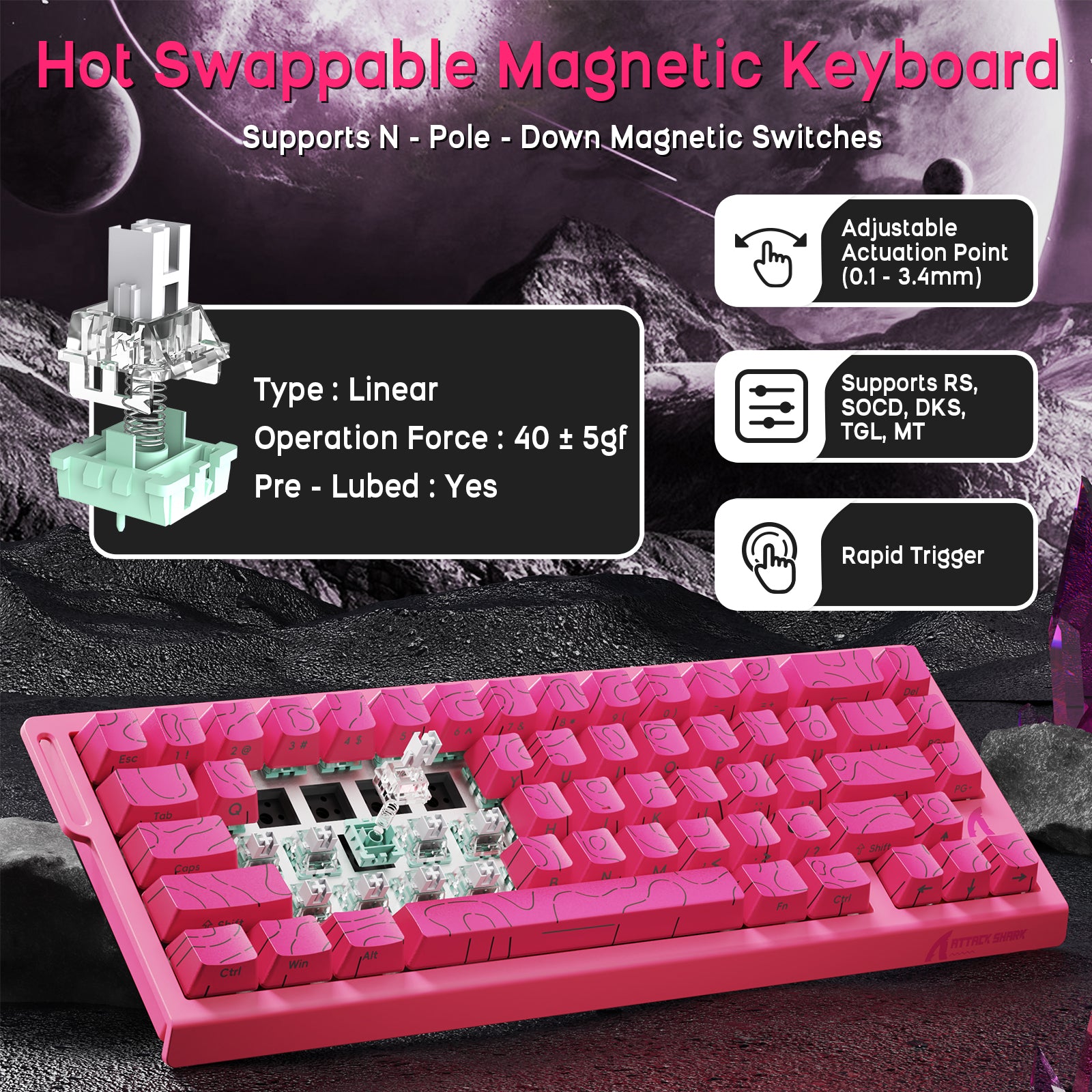 ATTACK SHARK X68HE Pink Magnetic Keyboard, 60% layout with adjustable actuation and rapid trigger