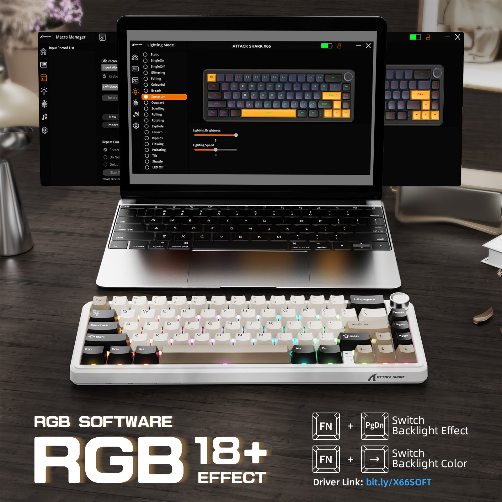 ATTACK SHARK X66 keyboard with RGB lighting, showing software control, hot-swappable key switches and 18+ effects.