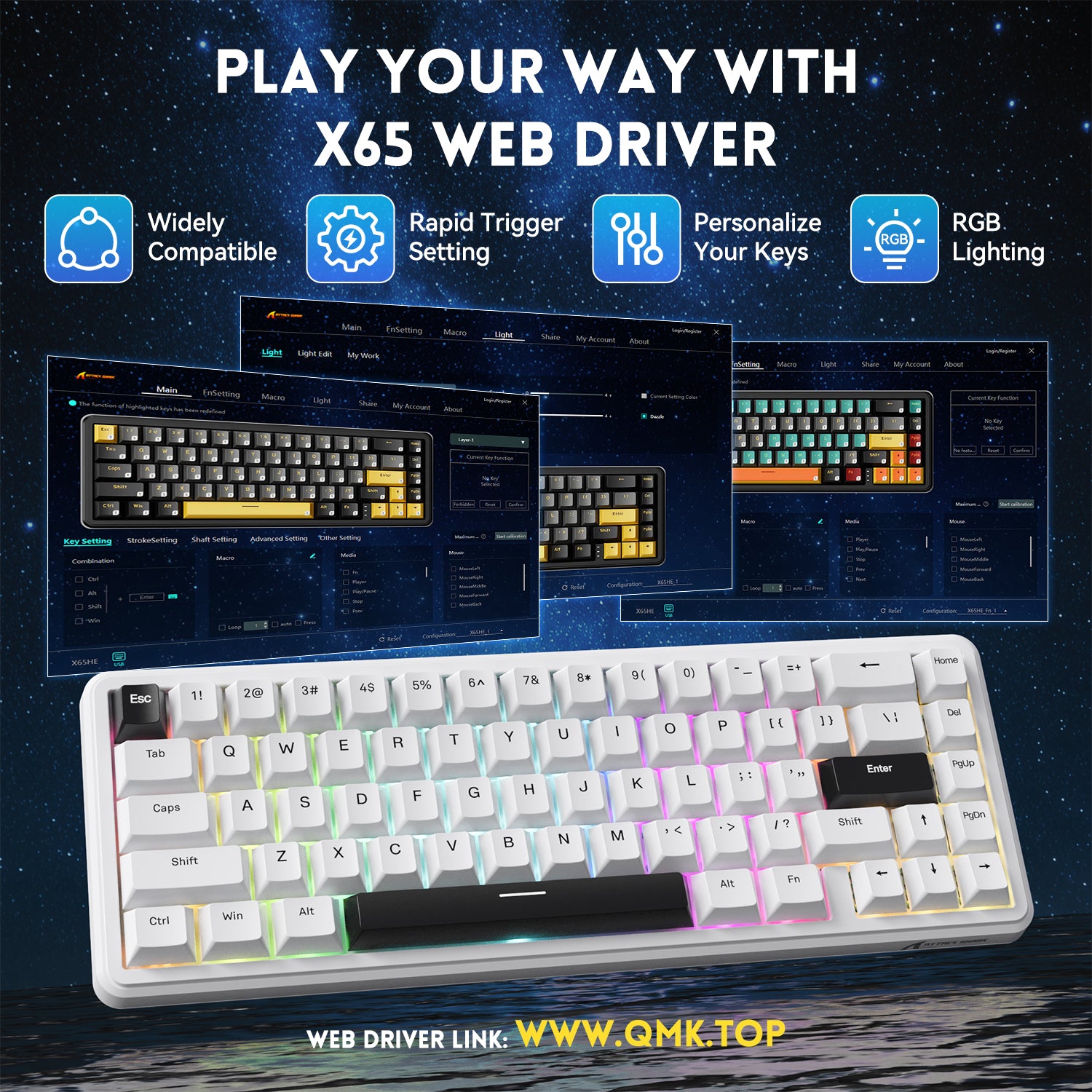 X65 HE keyboard web driver: Customize settings, Rapid Trigger, RGB Lighting. WWW.QMK.TOP