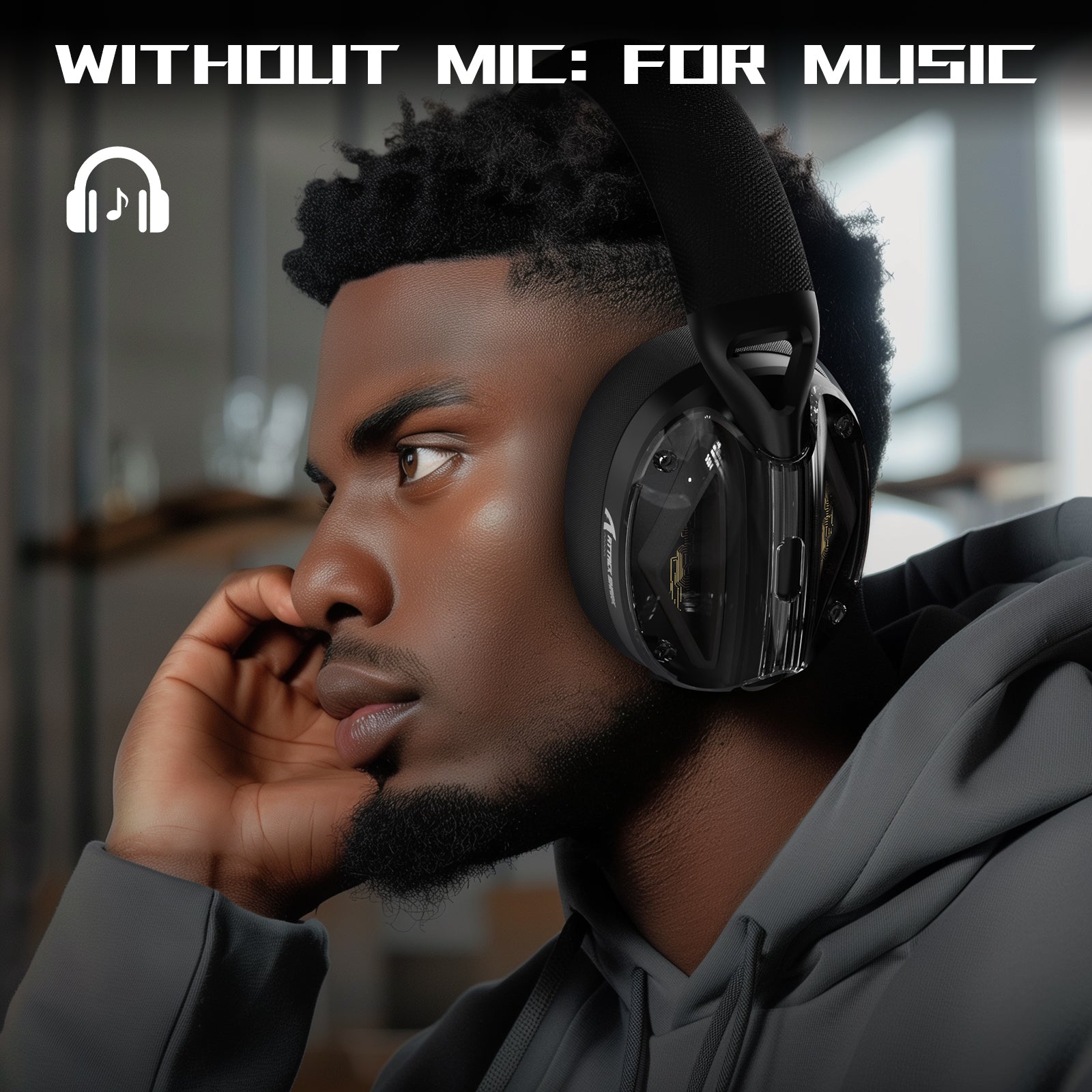 ATTACK SHARK L60 headset on a man's head, "WITHOUT MIC: FOR MUSIC" text.