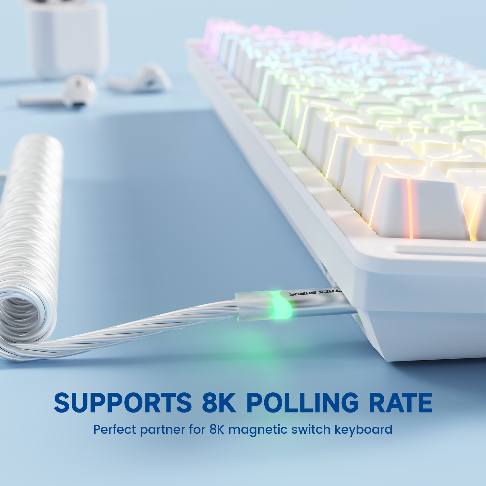 ATTACK SHARK C01 Aviator cable connected to white 8K mechanical keyboard, supports 8K polling rate