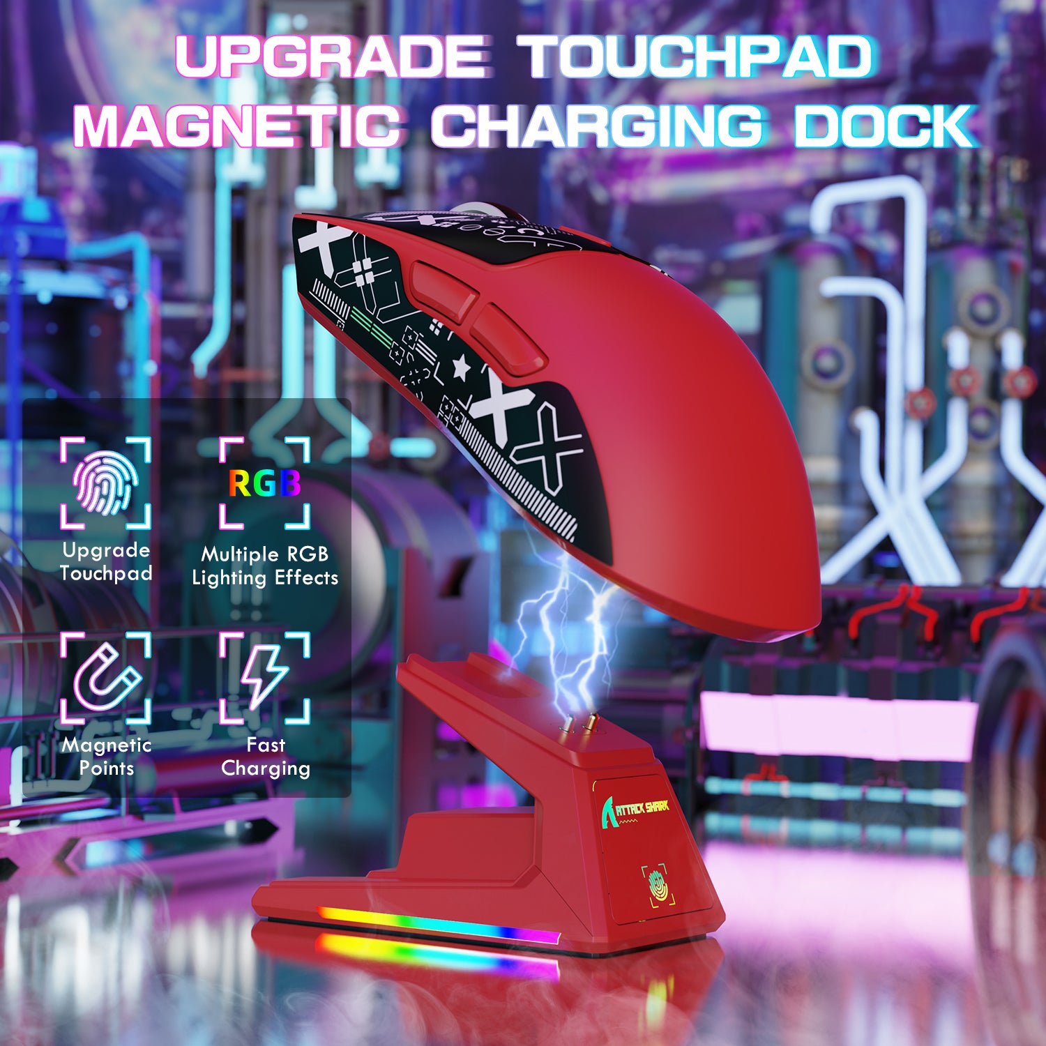 ATTACK SHARK X1 red gaming mouse with touchpad and magnetic charging dock, RGB lighting and fast charging