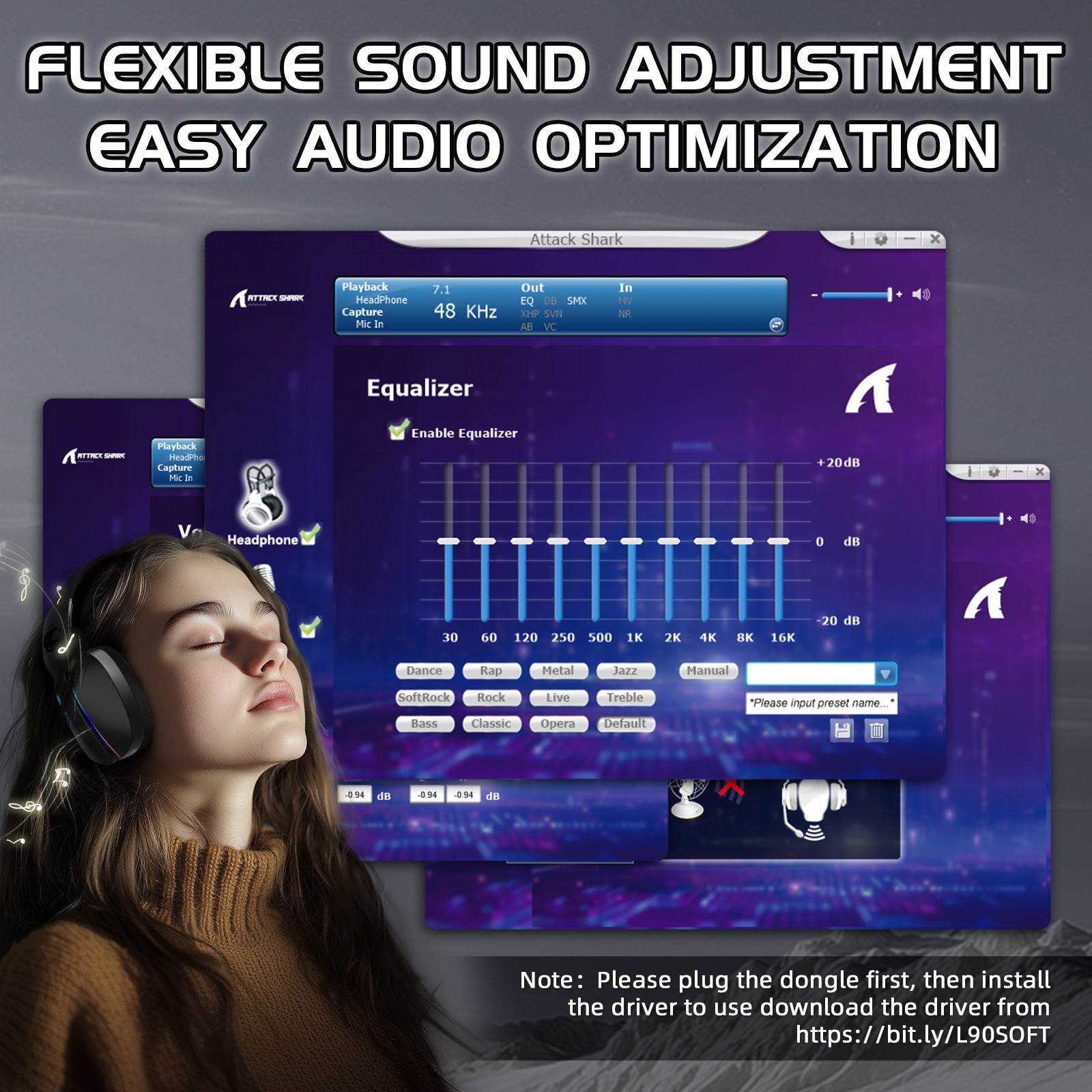 ATTACK SHARK L90 gaming headset with equalizer and sound customization options for gaming, easy audio optimization