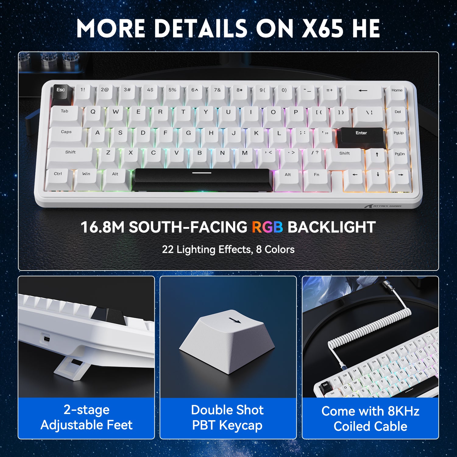 X65 HE RGB keyboard details: 60% layout, adjustable feet, PBT keycaps, coiled cable, RGB lighting.