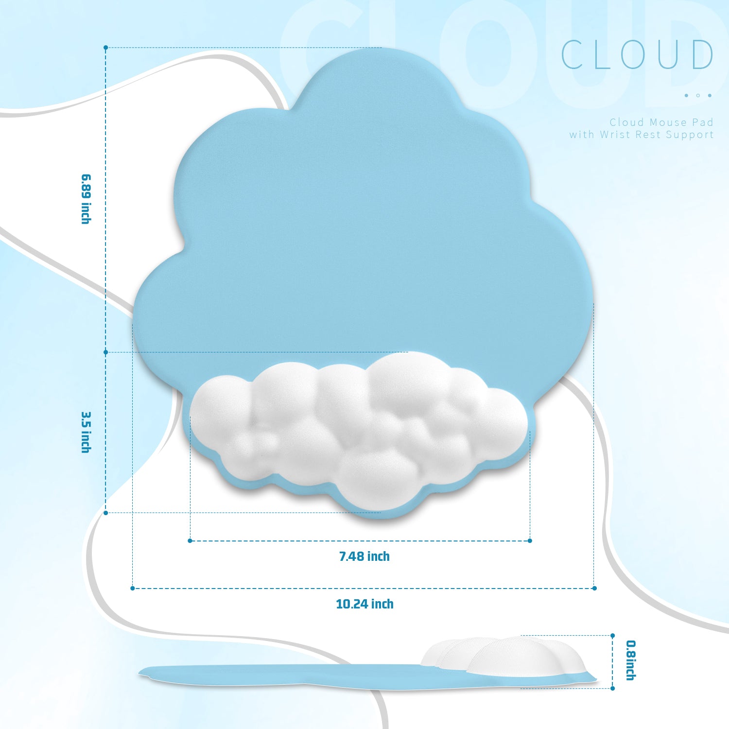 Light blue cloud mouse pad with ergonomic wrist rest and massaging holes for comfort.