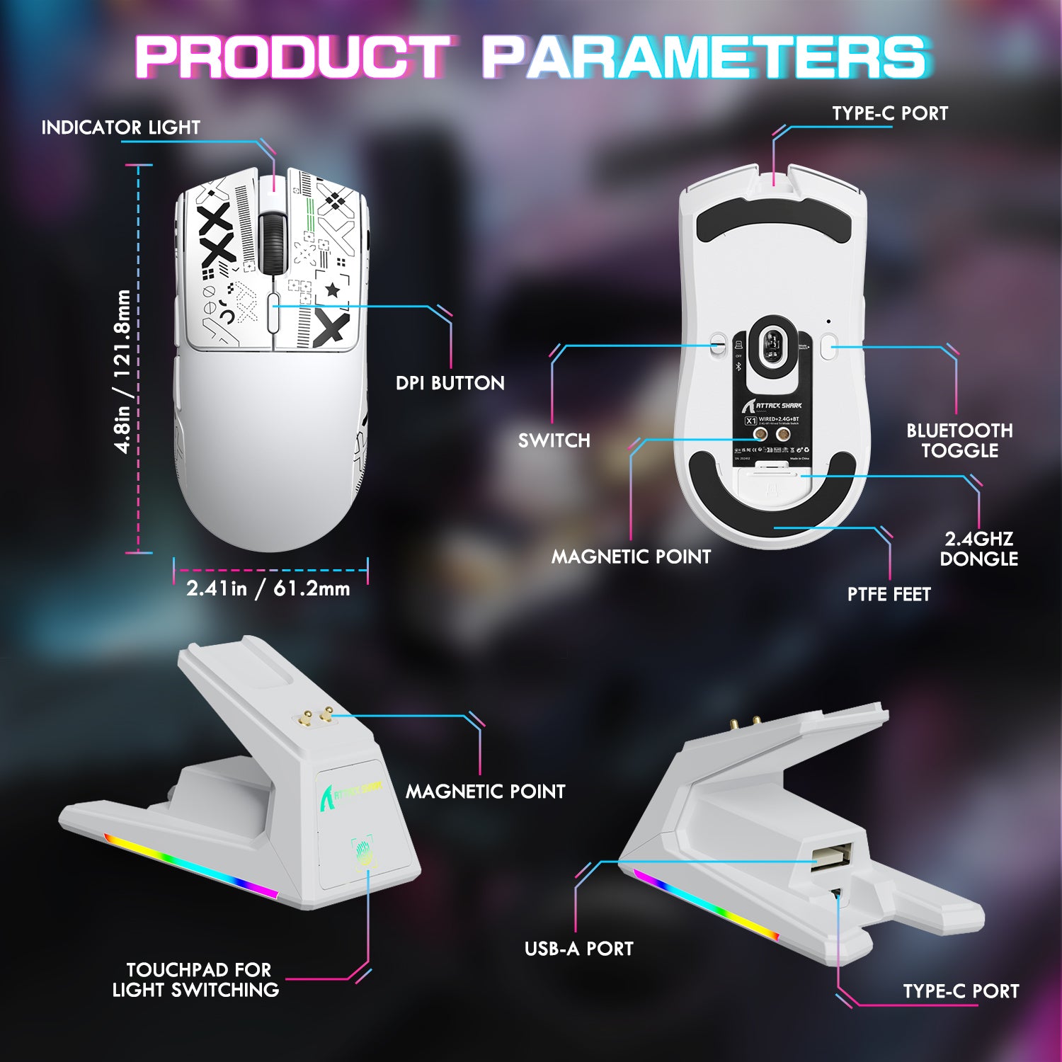 ATTACK SHARK X1 gaming mouse product parameters: White design, charging dock features, and touchpad