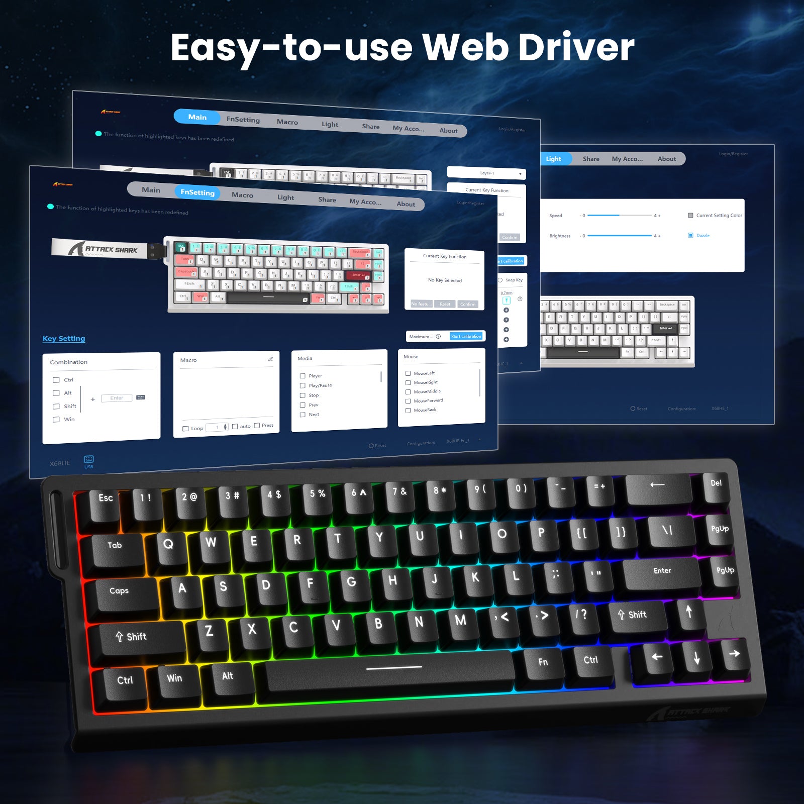 ATTACK SHARK X68 HE keyboard web driver interface. Customize keys, RGB lighting, easy to use.