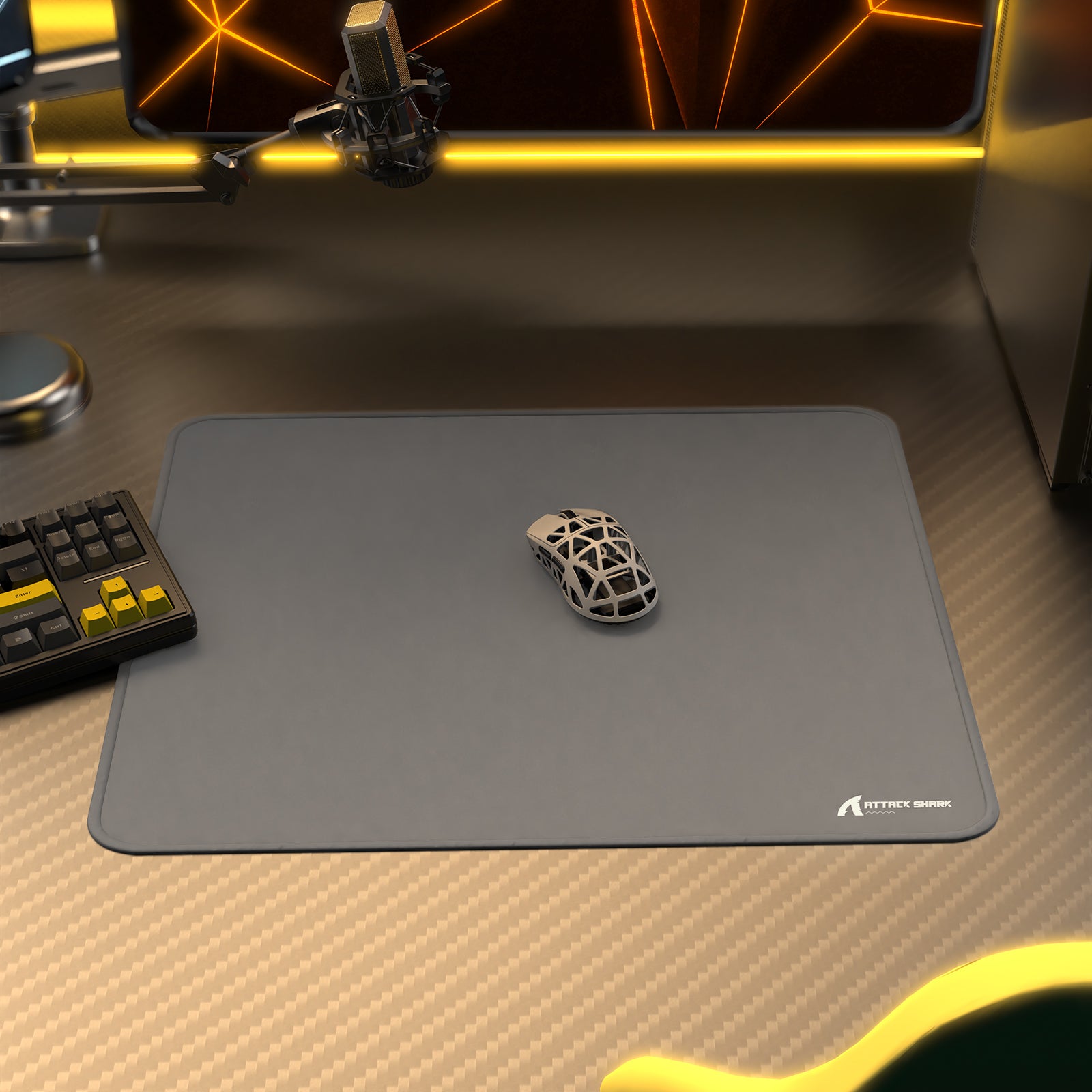 ATTACK SHARK CM02 gaming mousepad setup with mouse, keyboard, and mic, esports design, gray surface