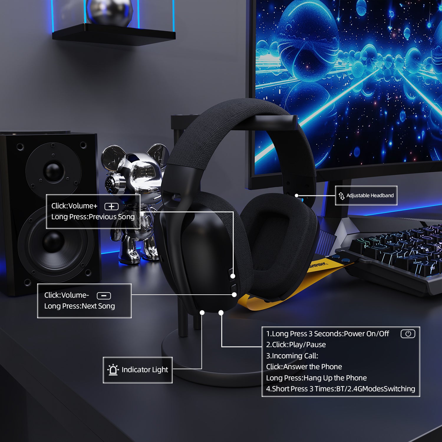 ATTACK SHARK L80PRO gaming headset features, Adjustable headband, indicator light