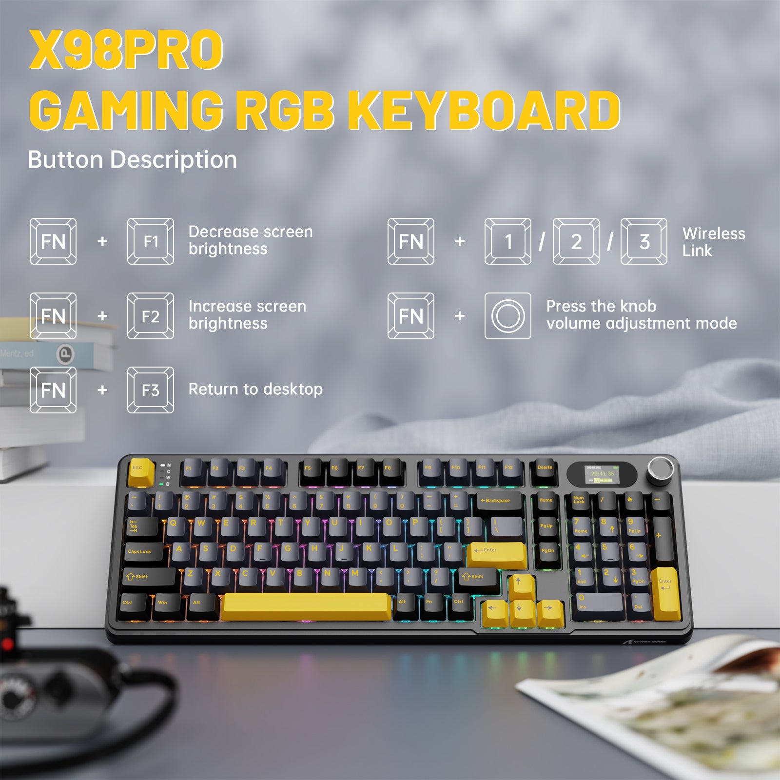 ATTACK SHARK X98PRO gaming keyboard button functions. LED screen shows time and date, with a volume knob for easy control.
