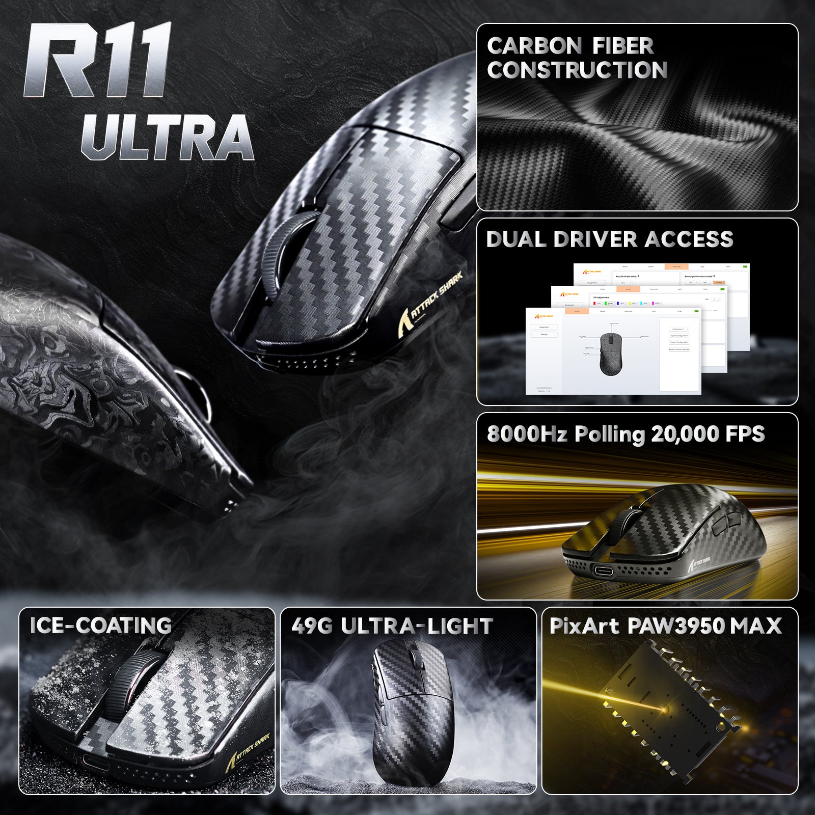 ATTACK SHARK R11 ULTRA Carbon Fiber Wireless 8K PAW3950MAX Gaming Mouse with C06 Ultra LED Cable