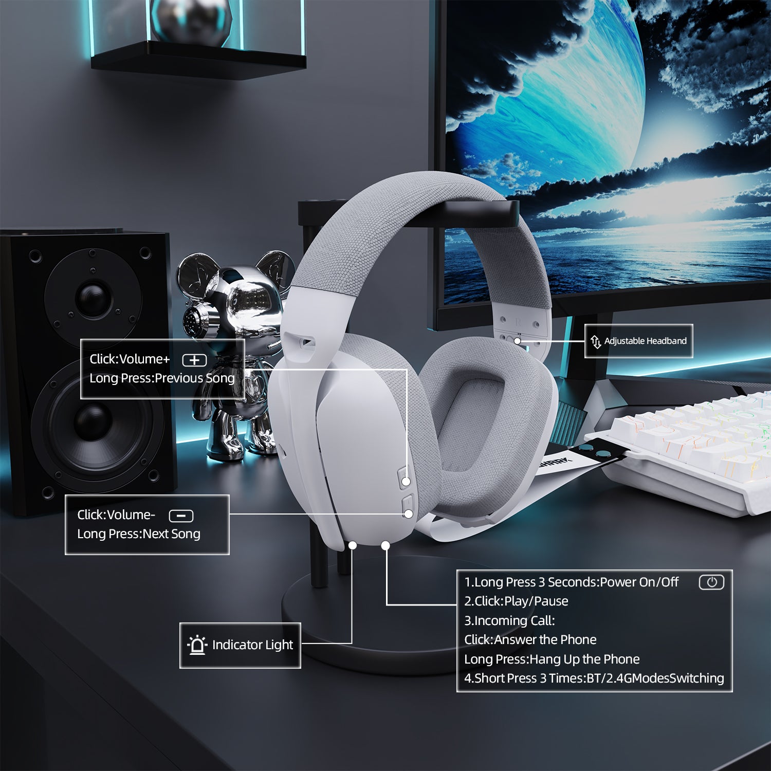 ATTACK SHARK L80PRO headset features, control buttons and adjustable headband