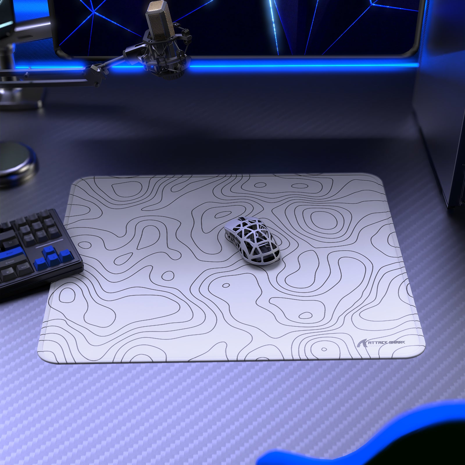 ATTACK SHARK CM02 gaming mousepad with white topographic design, mouse, keyboard, and esports setup