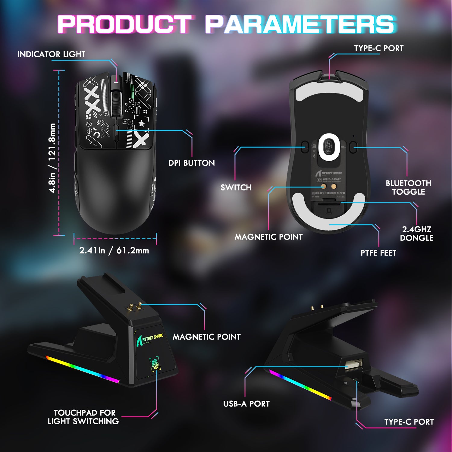 ATTACK SHARK X1 Gaming Mouse product parameters, black design, touchpad, DPI button, charging dock features