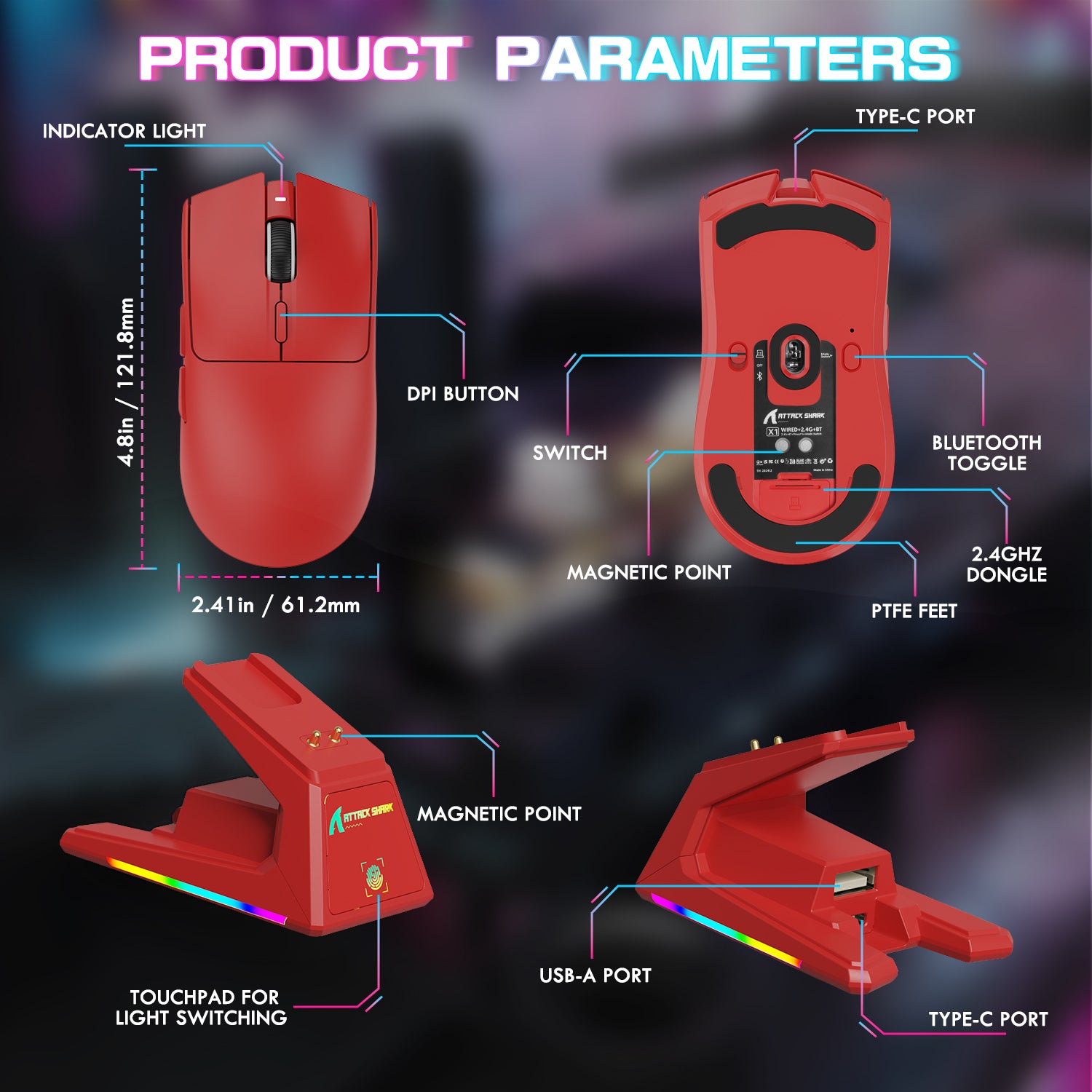ATTACK SHARK X1 red gaming mouse product parameters: DPI, touchpad, charging dock features