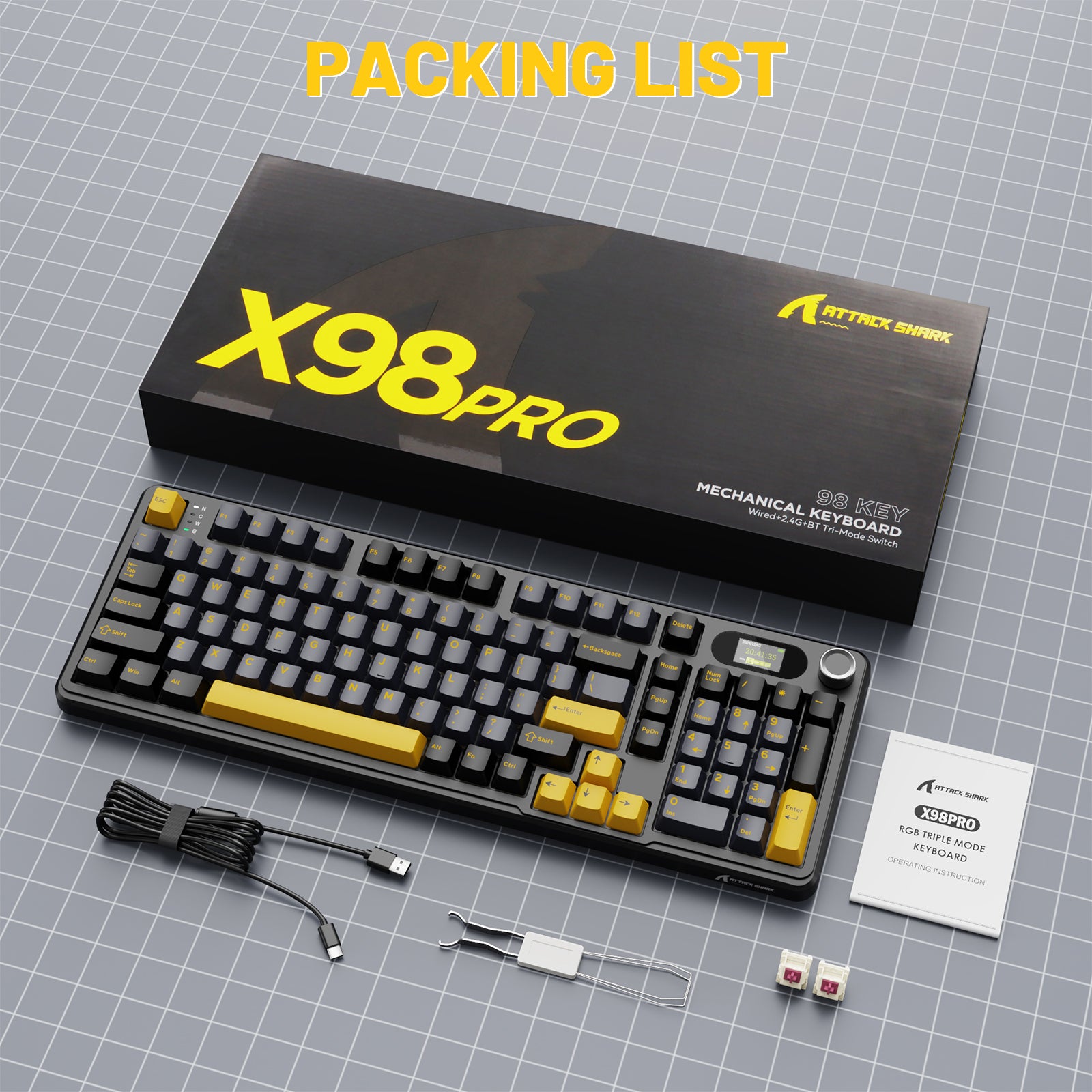 ATTACK SHARK X98PRO keyboard packing: keyboard, keycaps, switches, USB-C, manual. Mechanical gaming keyboard.