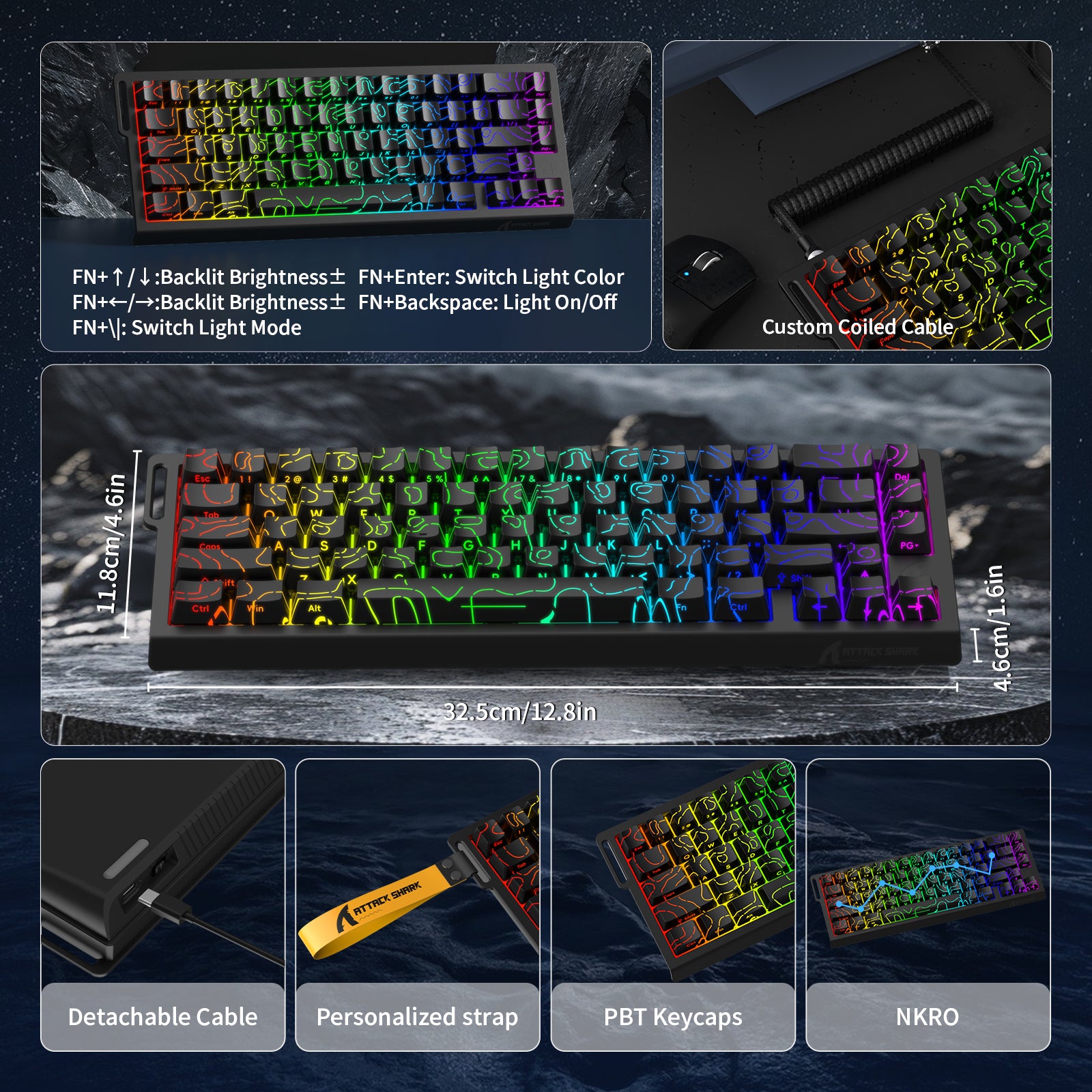 ATTACK SHARK X68 HE keyboard with RGB lighting, coiled cable and features