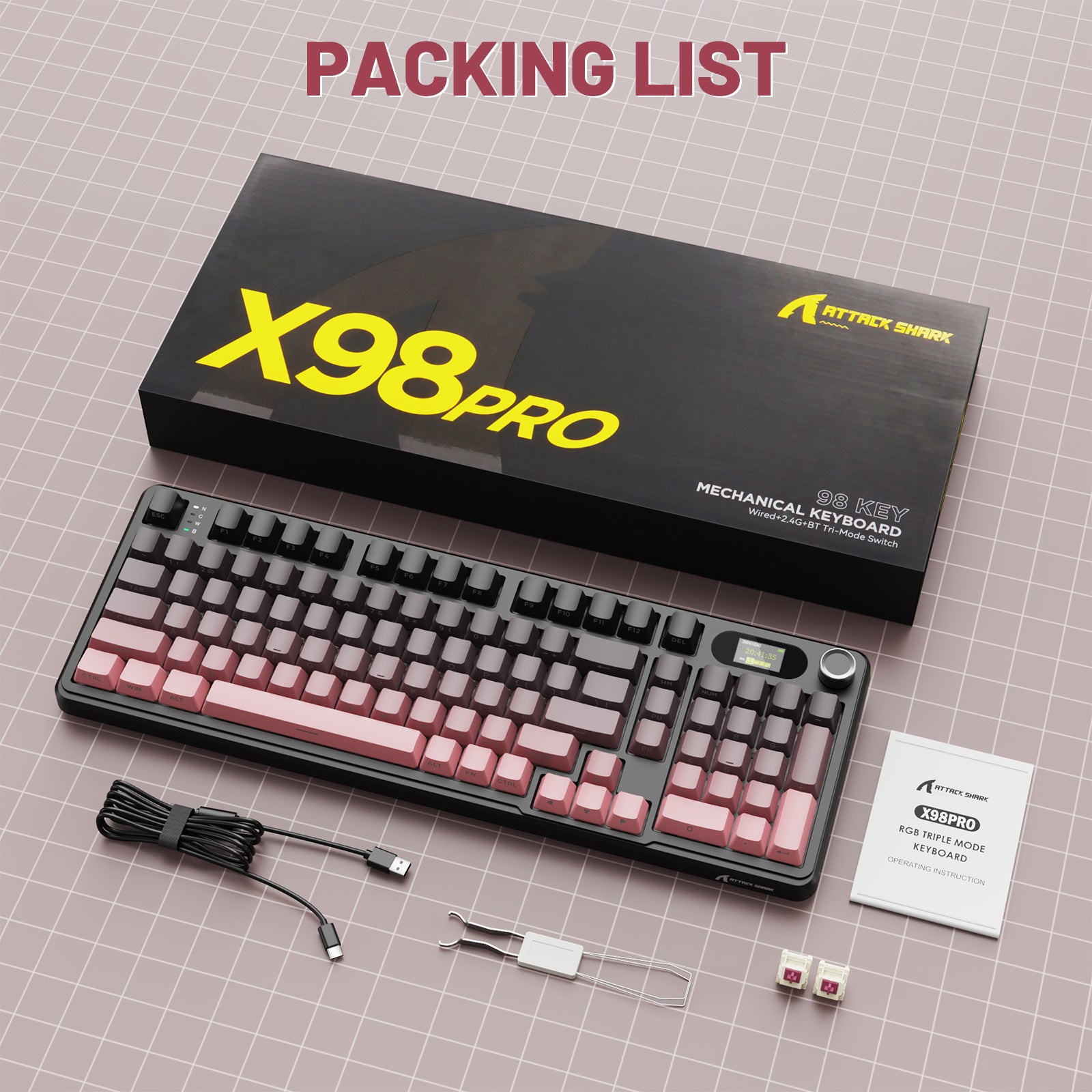 ATTACK SHARK X98PRO mechanical keyboard packing list. Pink keycaps, LED screen, and accessories.