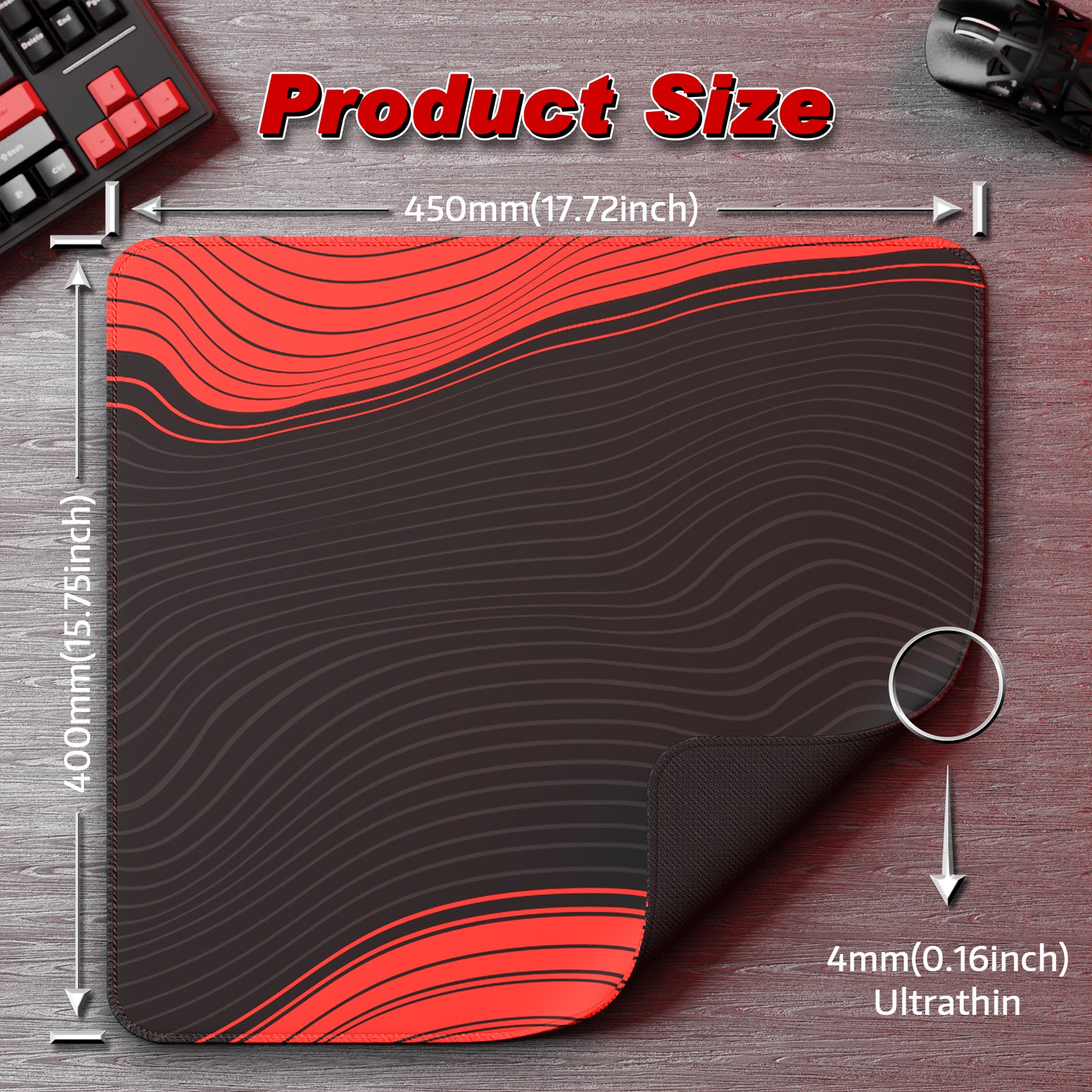 ATTACK SHARK CM02 gaming mousepad product size, red and black wave pattern, 450mm x 400mm, ultrathin 4mm design for esports.