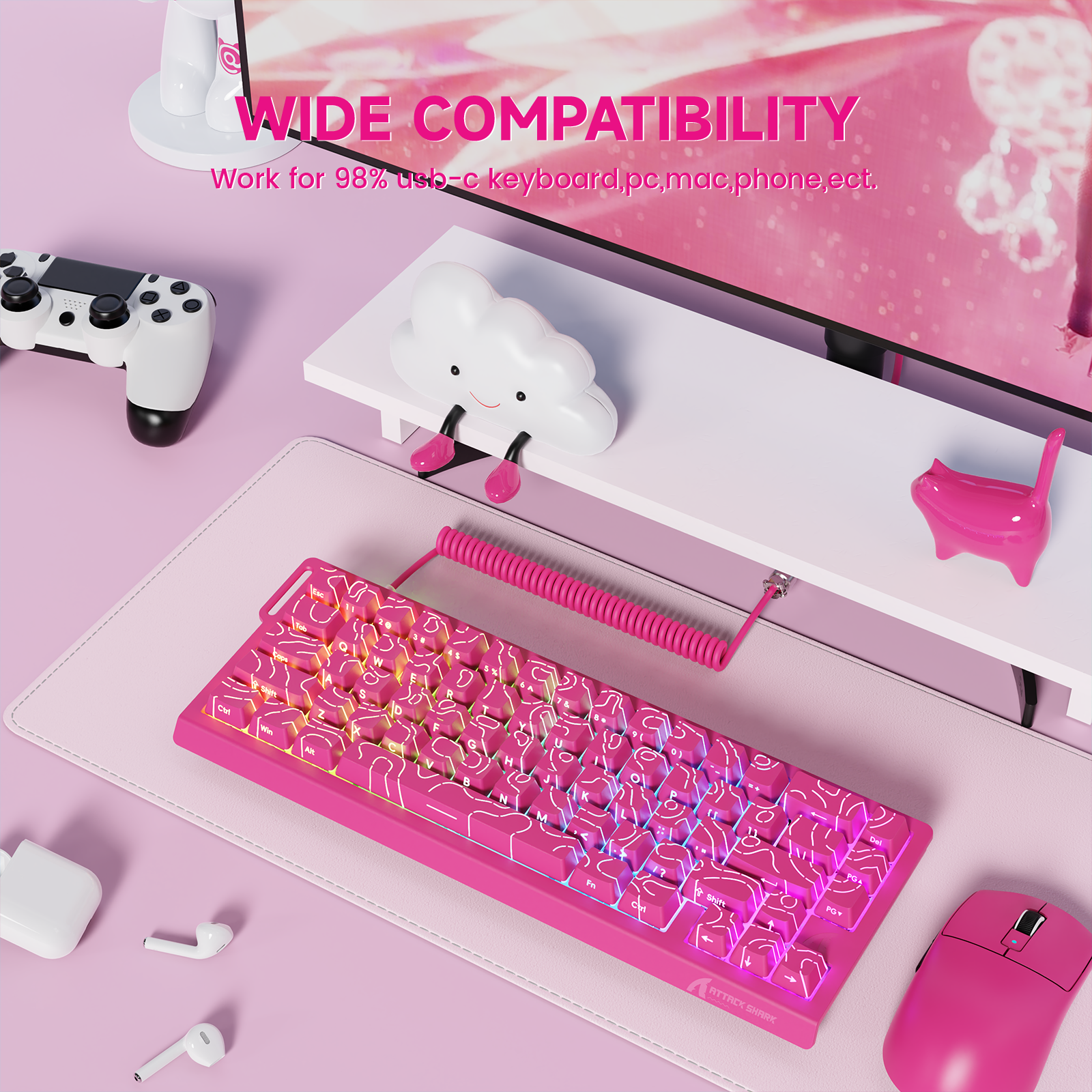 ATTACK SHARK C01 Aviator Cable Setup with Pink keyboard, RGB Lighting, Wide Compatibility with PC, Mac, Phone, ect.