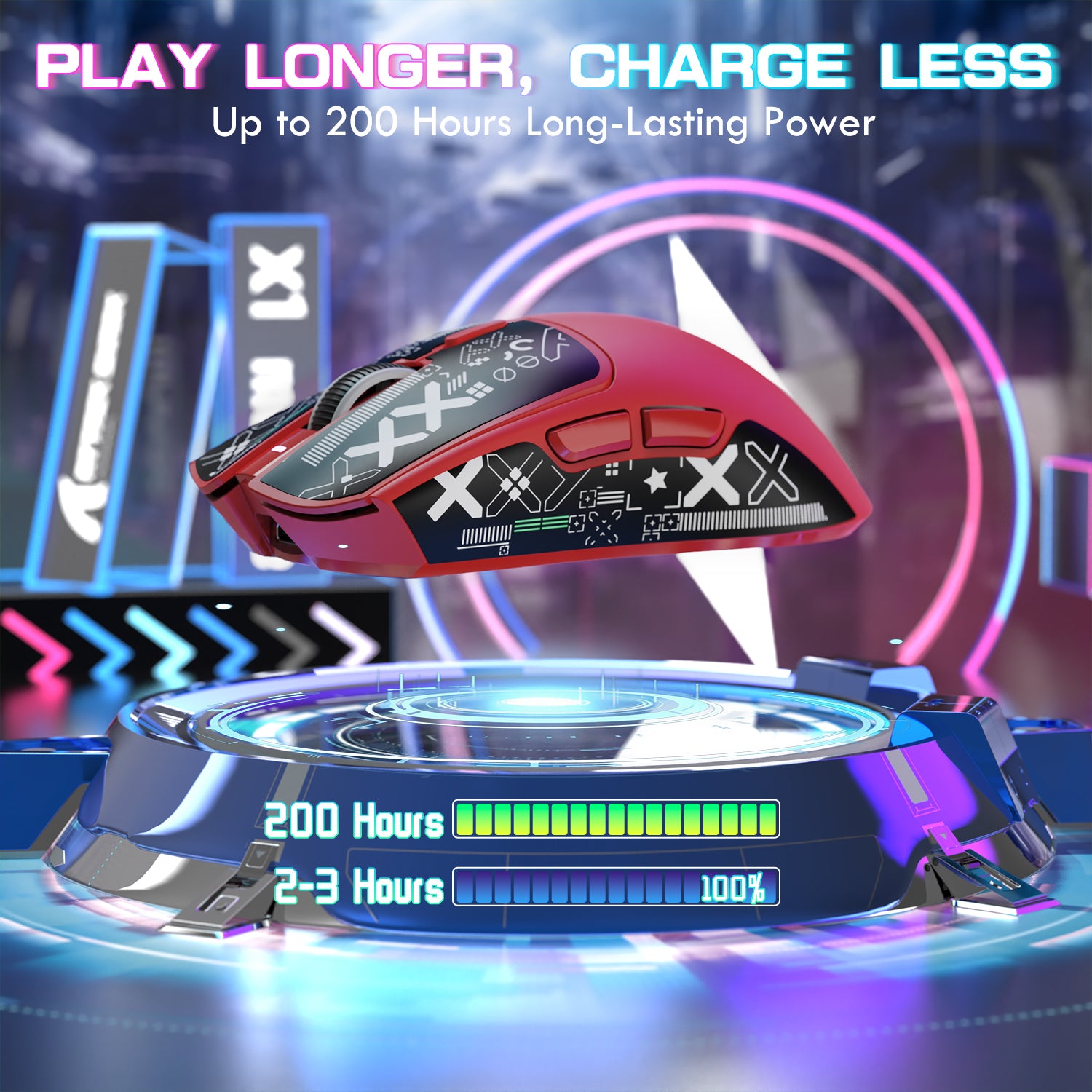 ATTACK SHARK X1 red gaming mouse with charging dock, long battery life: play longer, charge less, 200 hours power