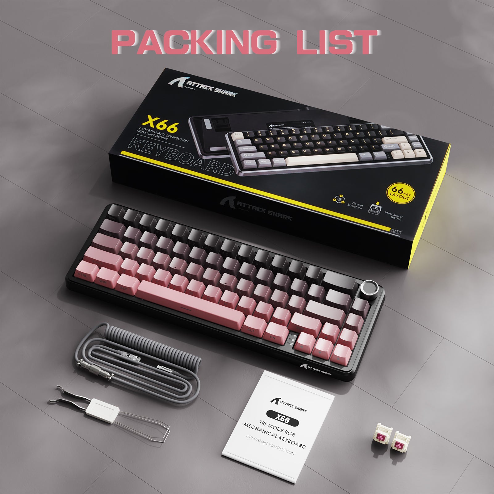 ATTACK SHARK X66 mechanical keyboard, 66 key layout, pink keycaps, coiled cable, packing list.