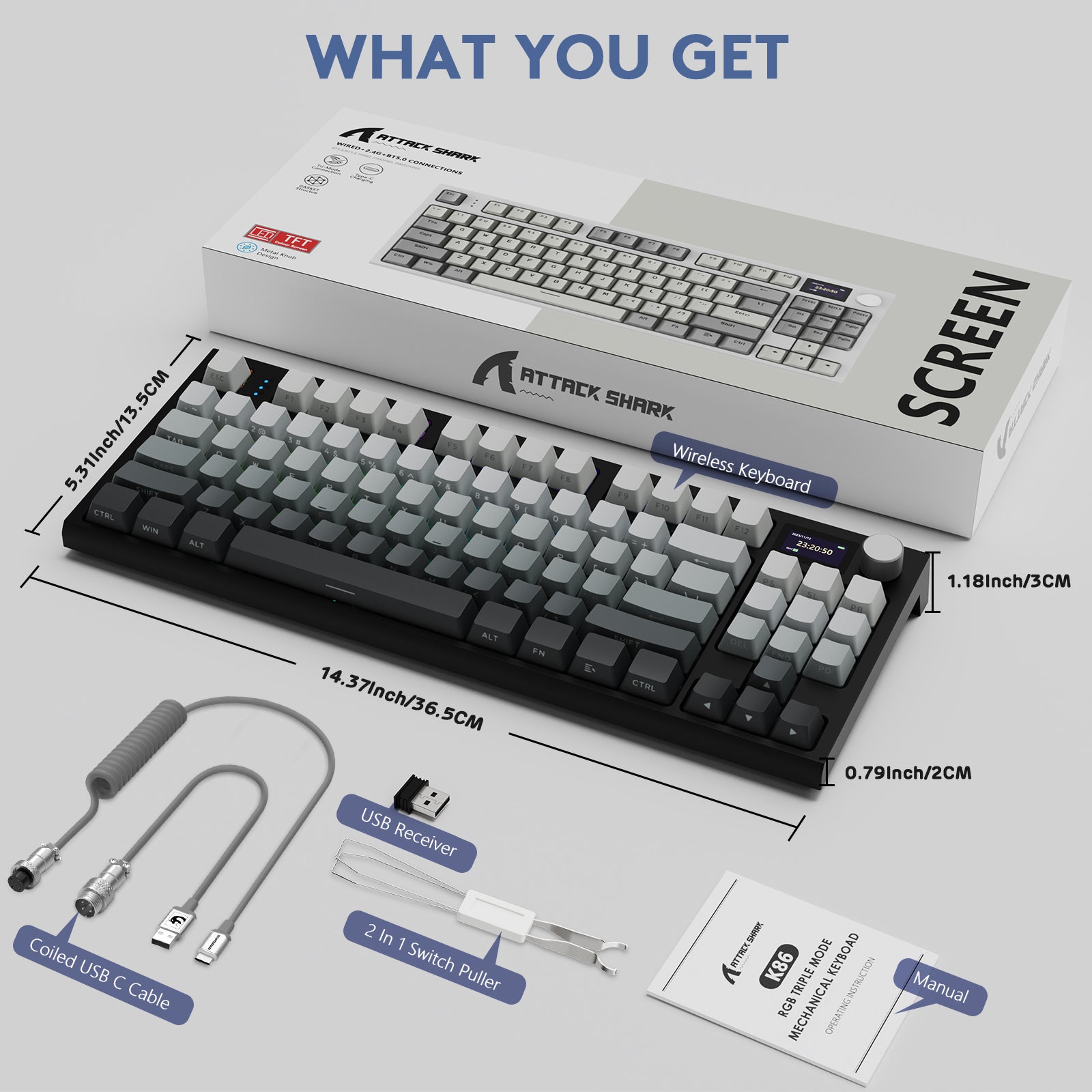 ATTACK SHARK K86 Pro wireless keyboard, TFT display, gray keycaps, and included accessories for gaming.