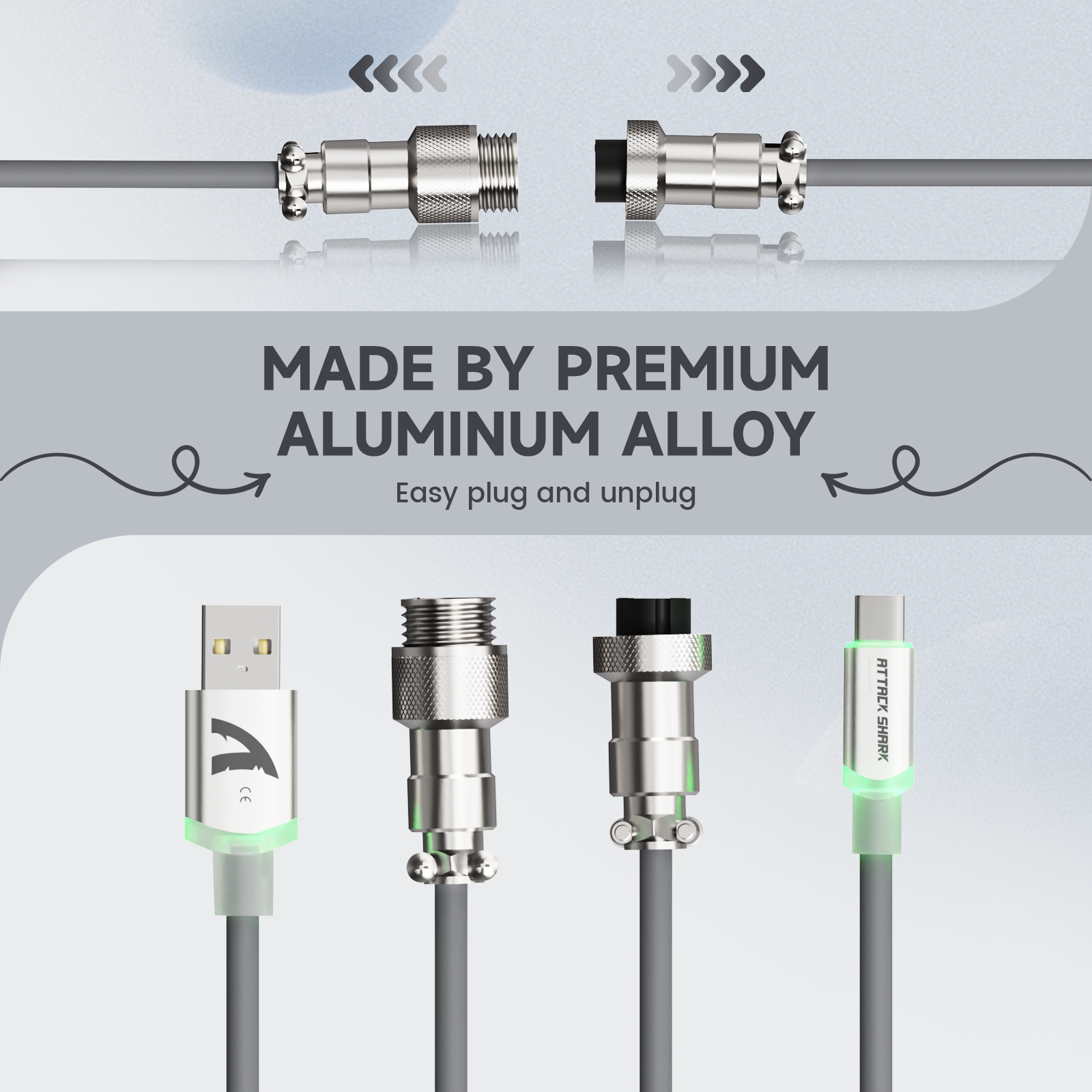 ATTACK SHARK aviator cable: aluminum alloy connector, supports fast charging and data sync for mechanical keyboards.