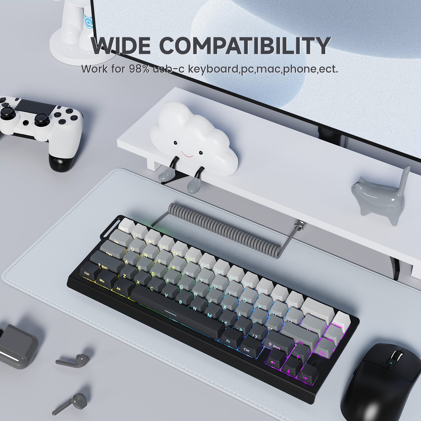 ATTACK SHARK mechanical keyboard setup with wide USB-C compatibility. Featuring RGB lighting and coiled aviator cable.