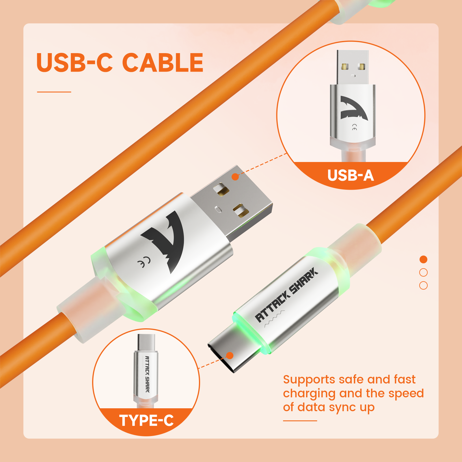 ATTACK SHARK USB-C Aviator Cable, orange cable with USB-A & USB-C connectors, supports fast charging and data sync.