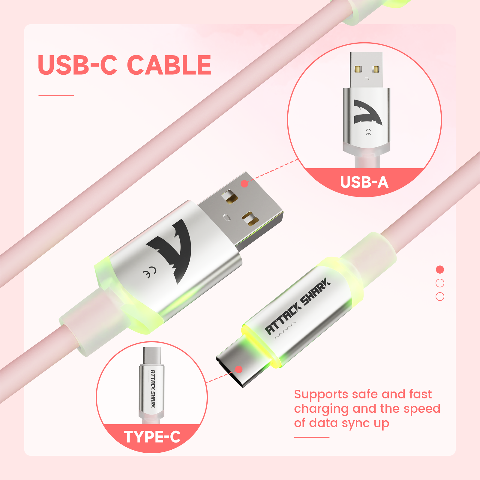 ATTACK SHARK pink USB-C cable for mechanical keyboards, supports fast charging and data sync with USB-A & USB-C connectors.