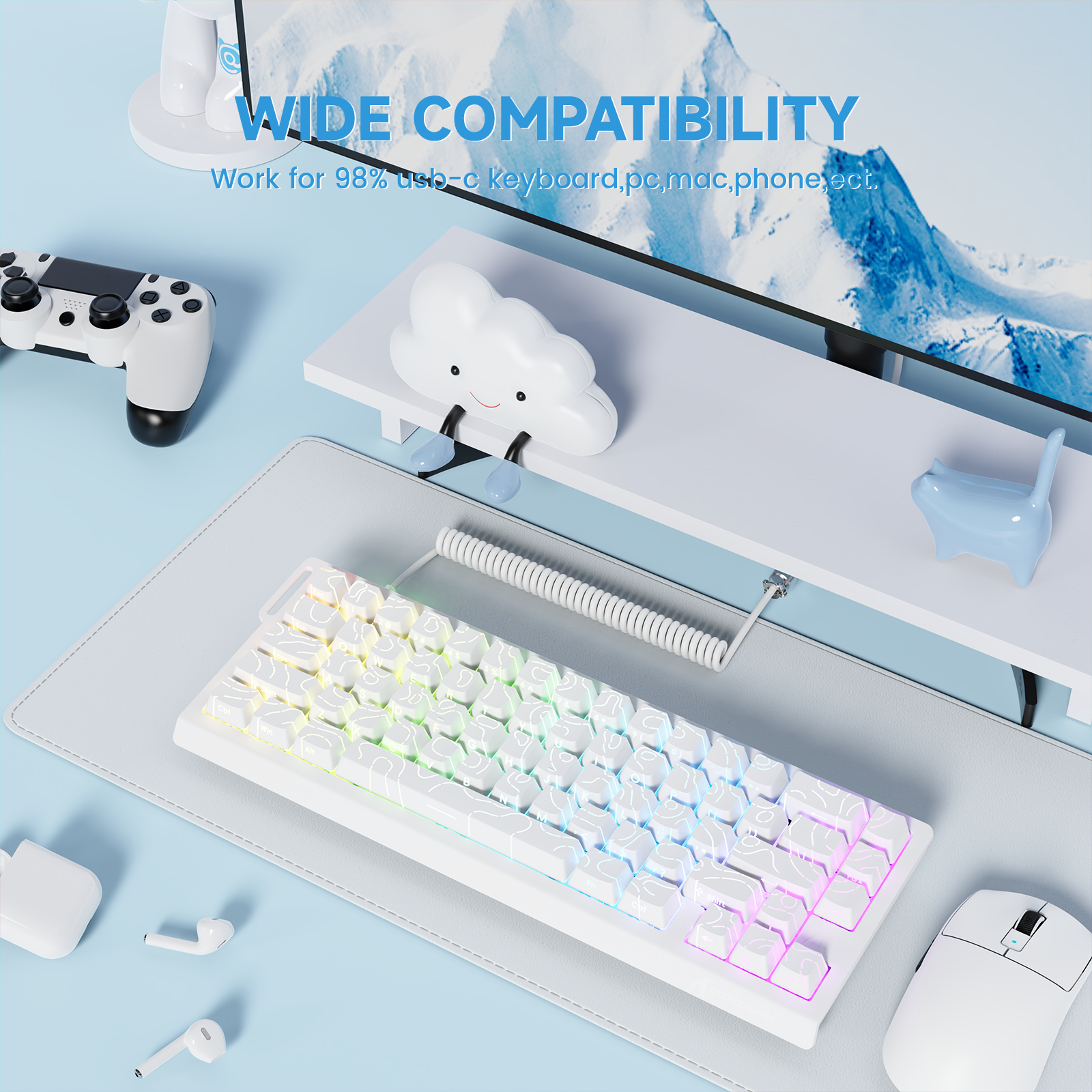 ATTACK SHARK C01Ultra white coiled cable for mechanical keyboards, wide compatibility, RGB lighting.