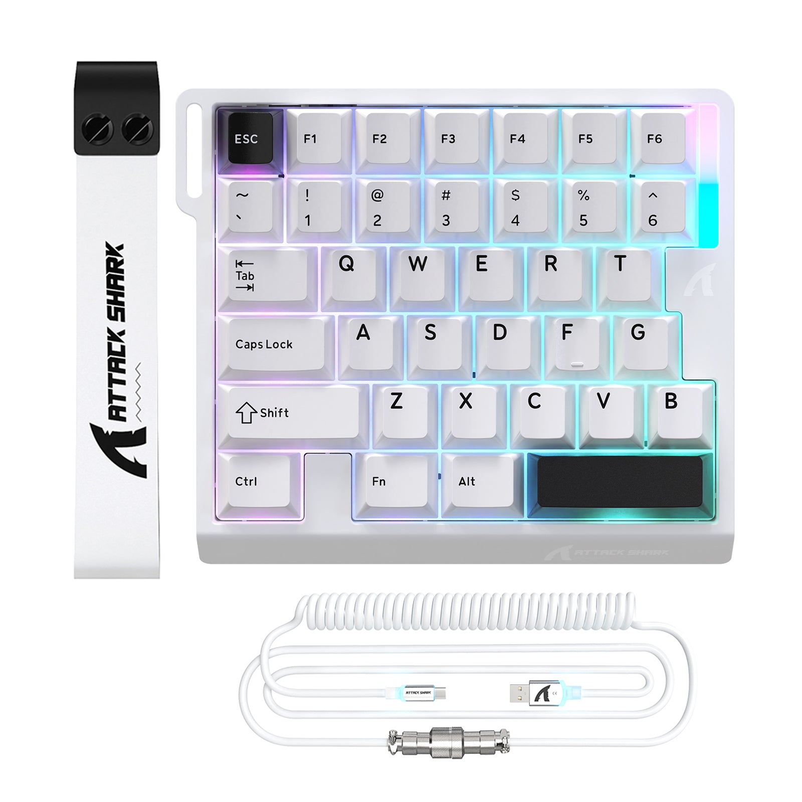 ATTACK SHARK M36 HE 40% magnetic switch keyboard with white keycaps and RGB lighting, plus white aviator cable
