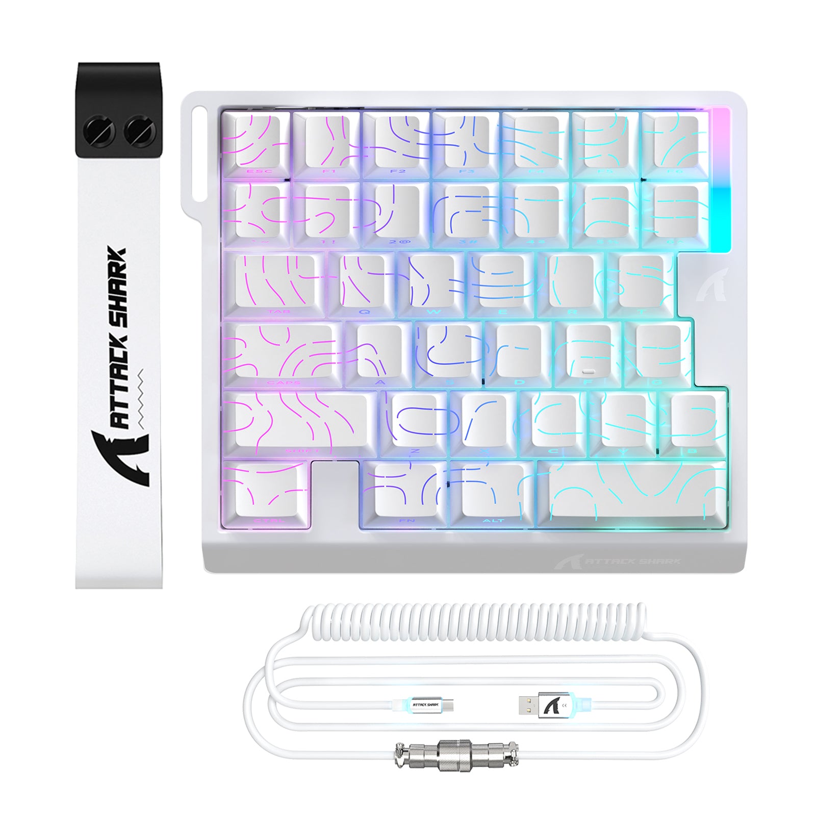 ATTACK SHARK M36 HE 40% magnetic switch keyboard set with white keyboard, aviator cable, and wrist rest